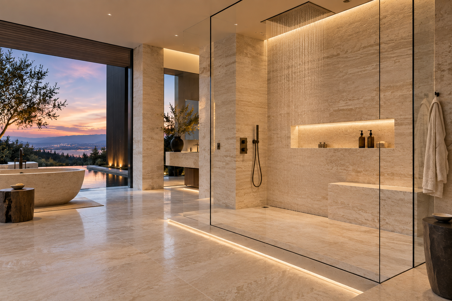 Limestone shower installation by Mr. Marble & Stone in Vancouver and Los Angeles, featuring custom natural limestone shower walls, floors, and detailing for a luxurious bathroom finish.
