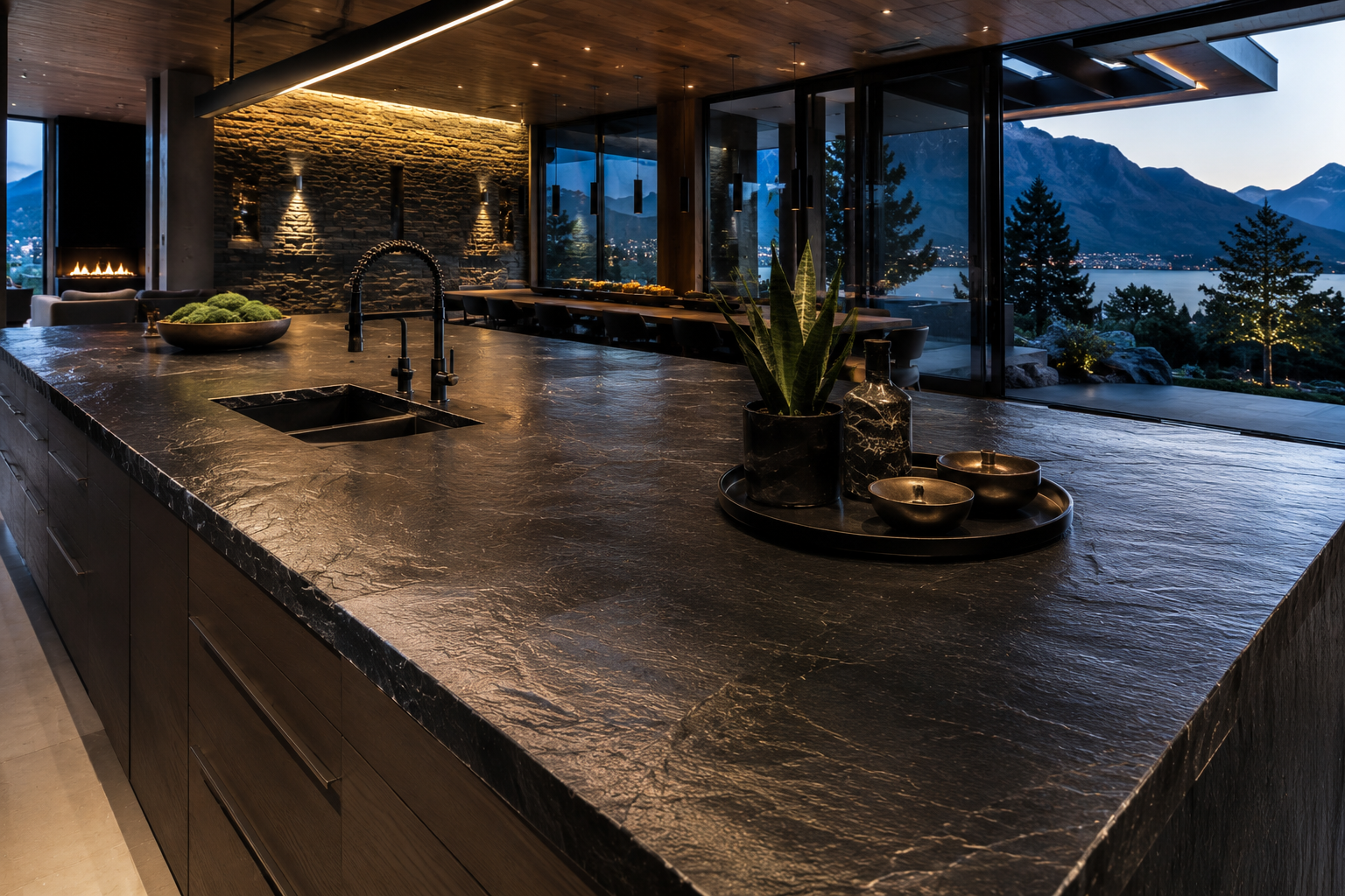 Luxury slate countertop sealing by Mr. Marble and Stone, helping protect natural slate countertops while preserving their colour, texture, and distinctive finish in Vancouver and Los Angeles.