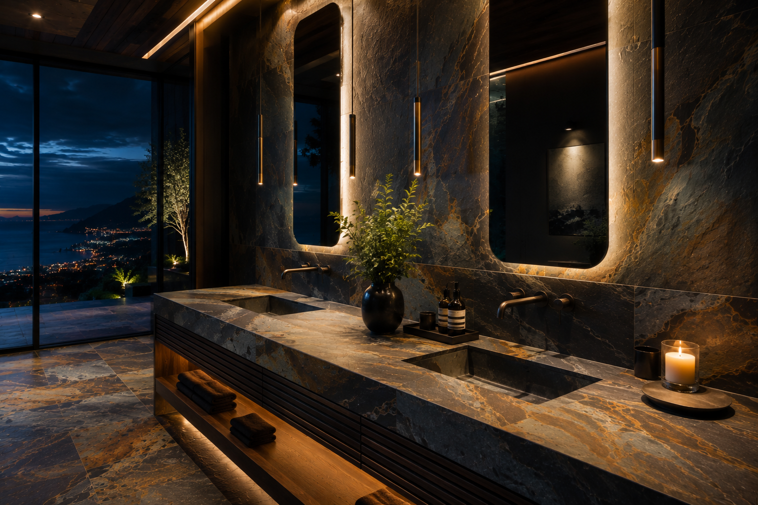 Luxury slate vanity restoration by Mr. Marble and Stone, reviving the natural beauty, texture, and appearance of slate vanity surfaces in Vancouver and Los Angeles.