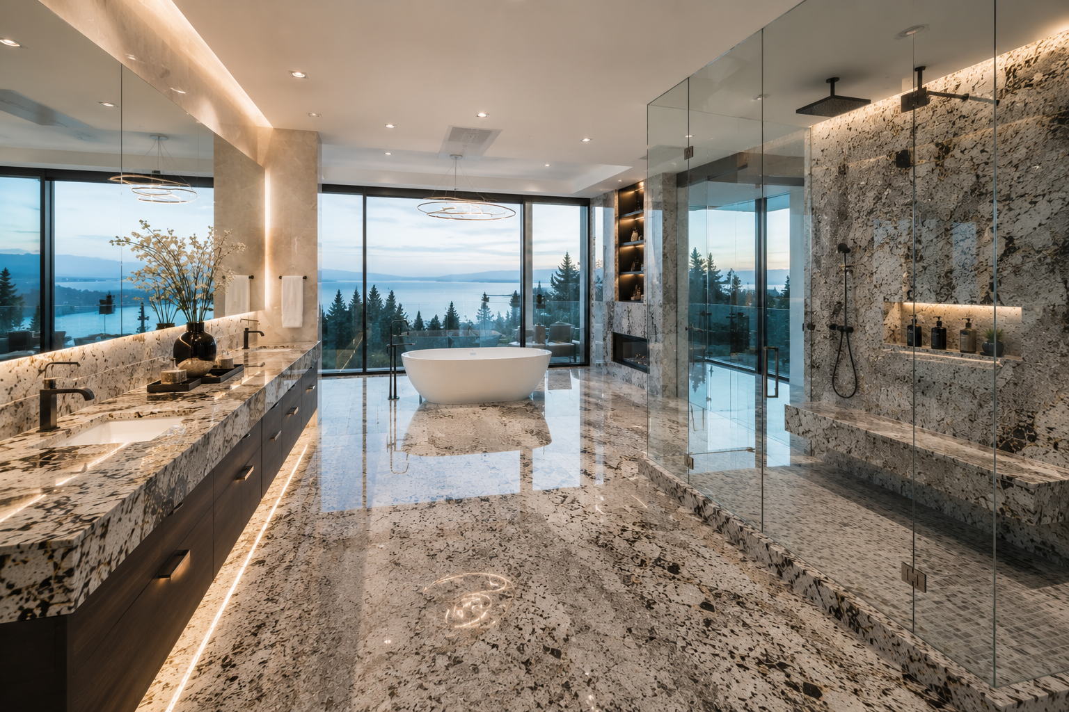 Granite shower restoration in a luxury modern mansion bathroom featuring polished White Ice granite shower walls, granite flooring, and granite vanity countertops with a spacious spa-inspired design.