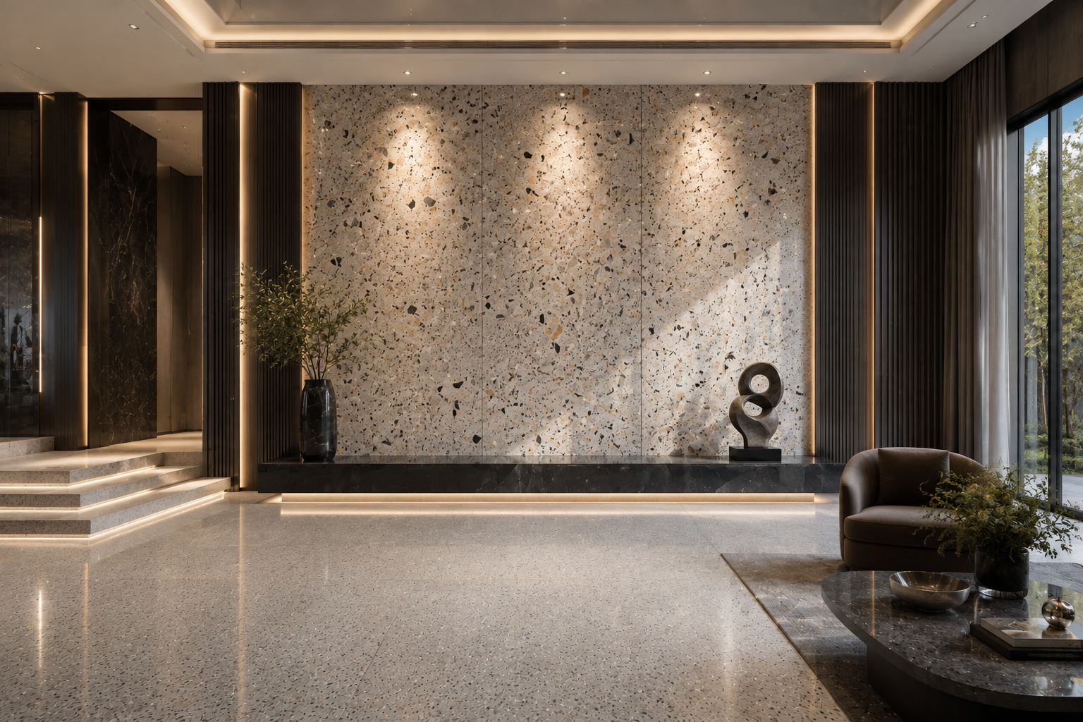 Terrazzo feature wall restoration, terrazzo feature wall cleaning, terrazzo feature wall polishing, and terrazzo feature wall sealing by Mr. Marble and Stone in Vancouver and Los Angeles.