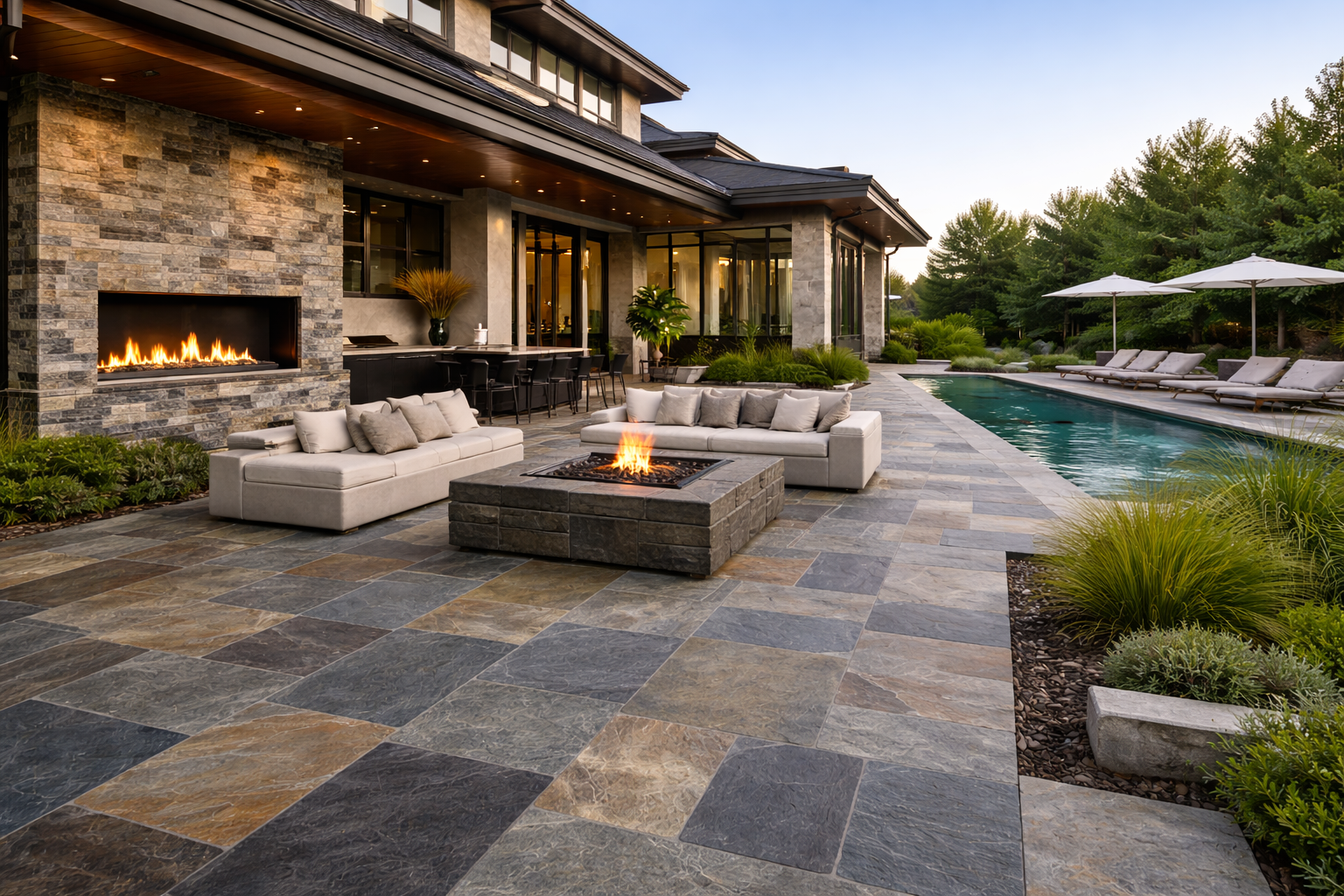 Mr. Marble and Stone luxury slate installation in Vancouver featuring custom slate flooring, natural slate walls, textured slate surfaces, modern mansion interiors, and high-end slate craftsmanship.