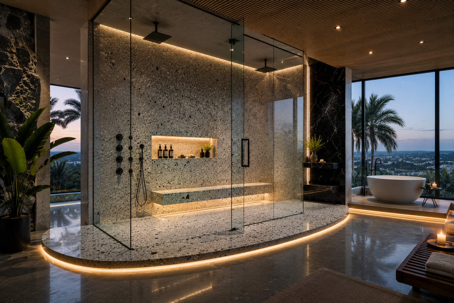 Terrazzo shower sealing, terrazzo shower cleaning, and terrazzo shower restoration by Mr. Marble and Stone in Vancouver and Los Angeles.