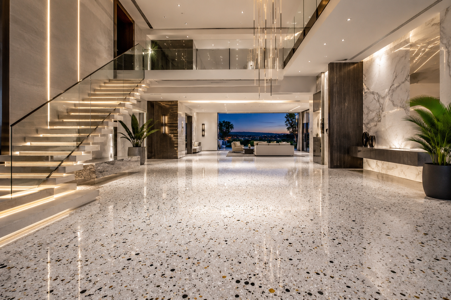 Terrazzo restoration by Mr. Marble and Stone, including terrazzo cleaning, terrazzo repair, terrazzo honing, terrazzo polishing, and terrazzo sealing services in Vancouver and Los Angeles.