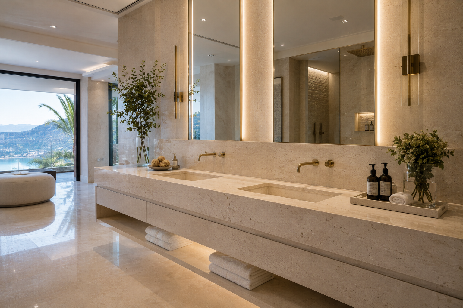 Luxury limestone vanity polishing in a modern spa-inspired mansion bathroom. Professional limestone polishing by Mr. Marble and Stone in Vancouver, BC and Los Angeles, CA.