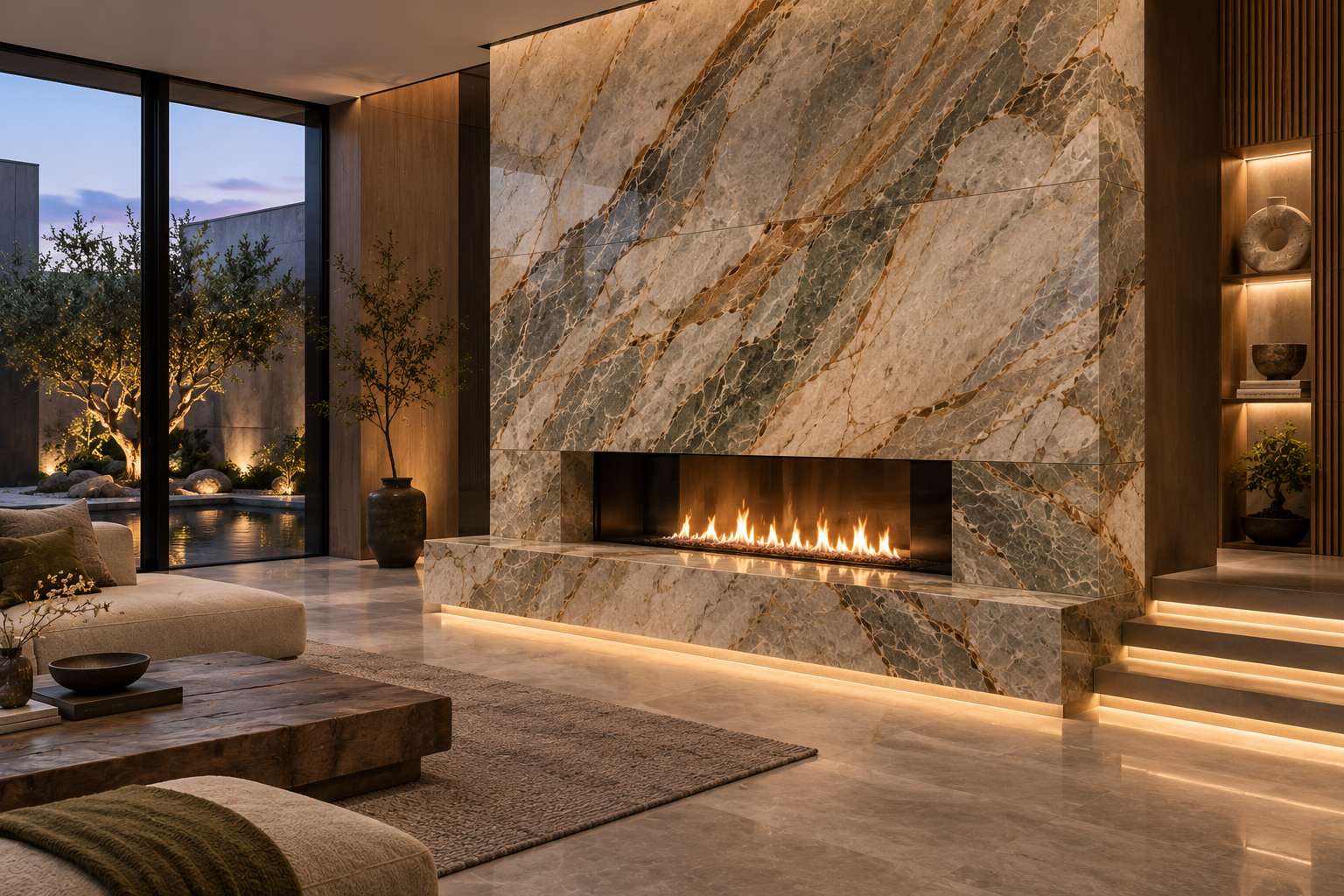 Custom quartzite fireplace installation from Mr. Marble and Stone, serving Vancouver and Los Angeles with luxury natural stone fireplaces, quartzite surrounds, and precision stone fabrication.