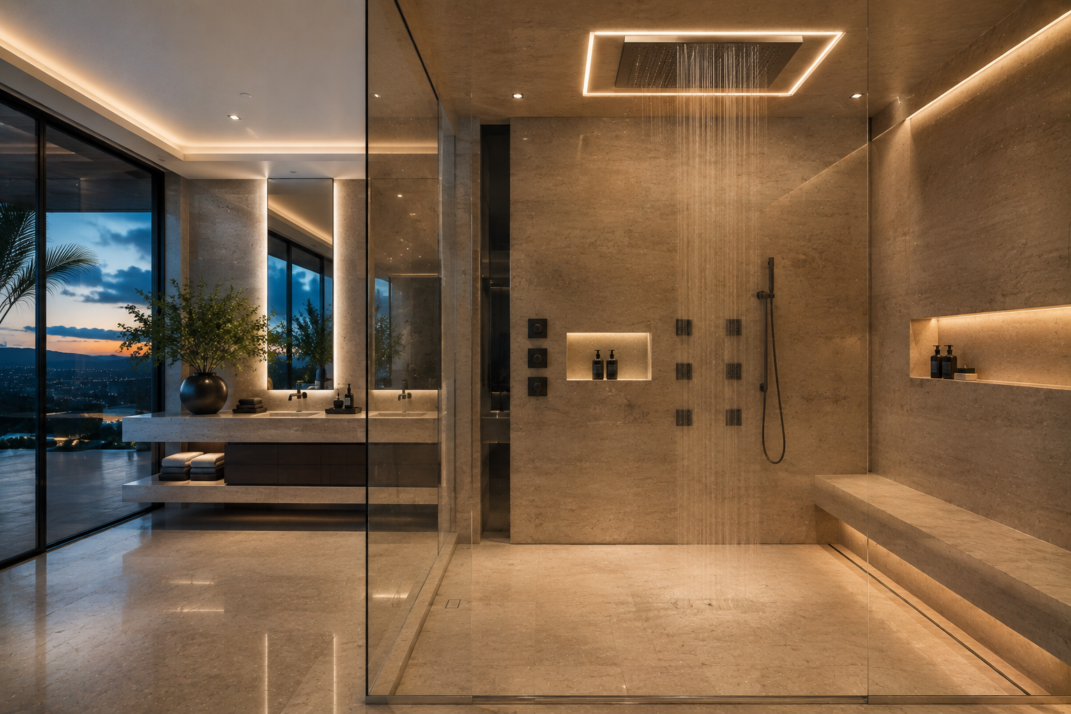 Luxury limestone shower restoration by Mr. Marble and Stone, featuring limestone polishing, refinishing, and sealing in Vancouver and Los Angeles.