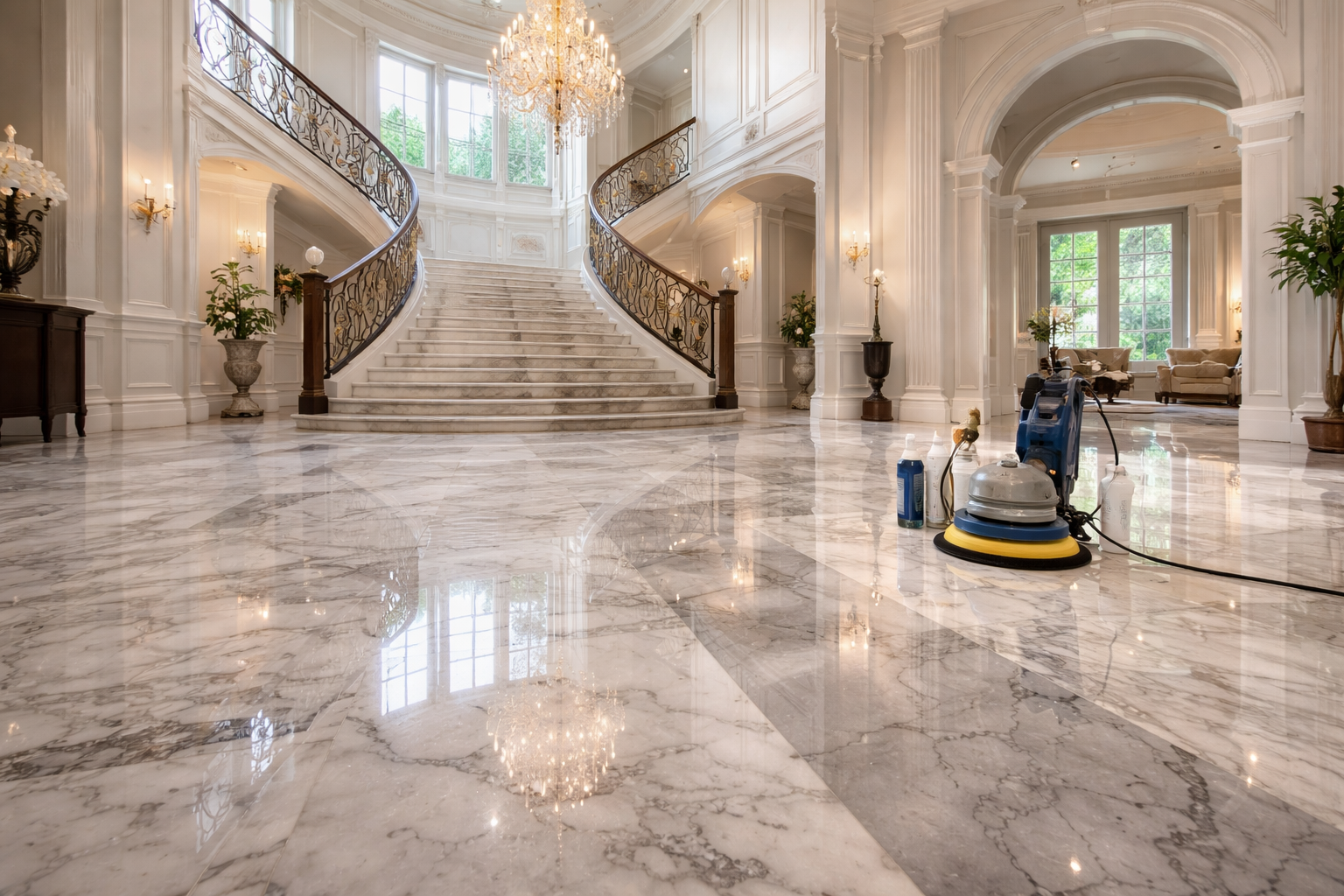 Mr. Marble and Stone professional marble floor restoration, marble refinishing, marble resurfacing, marble honing, stain removal, and floor polishing services.