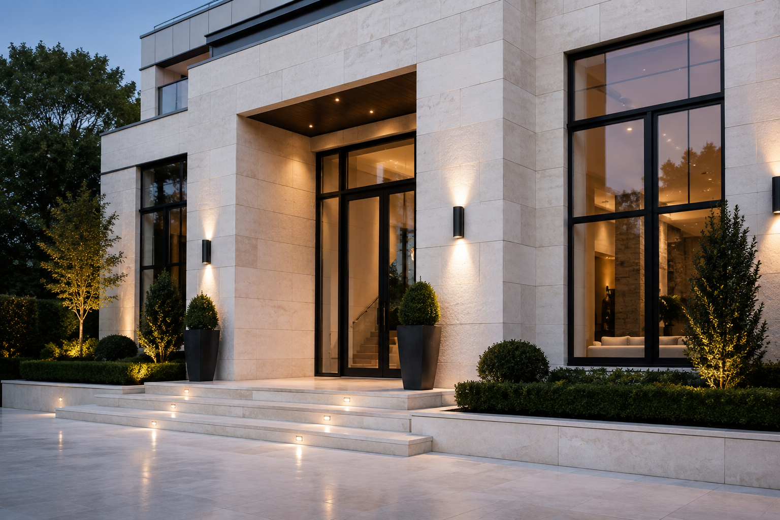 Luxury limestone home exterior restored by Mr. Marble and Stone, providing professional limestone restoration and natural stone refinishing in Vancouver and Los Angeles.
