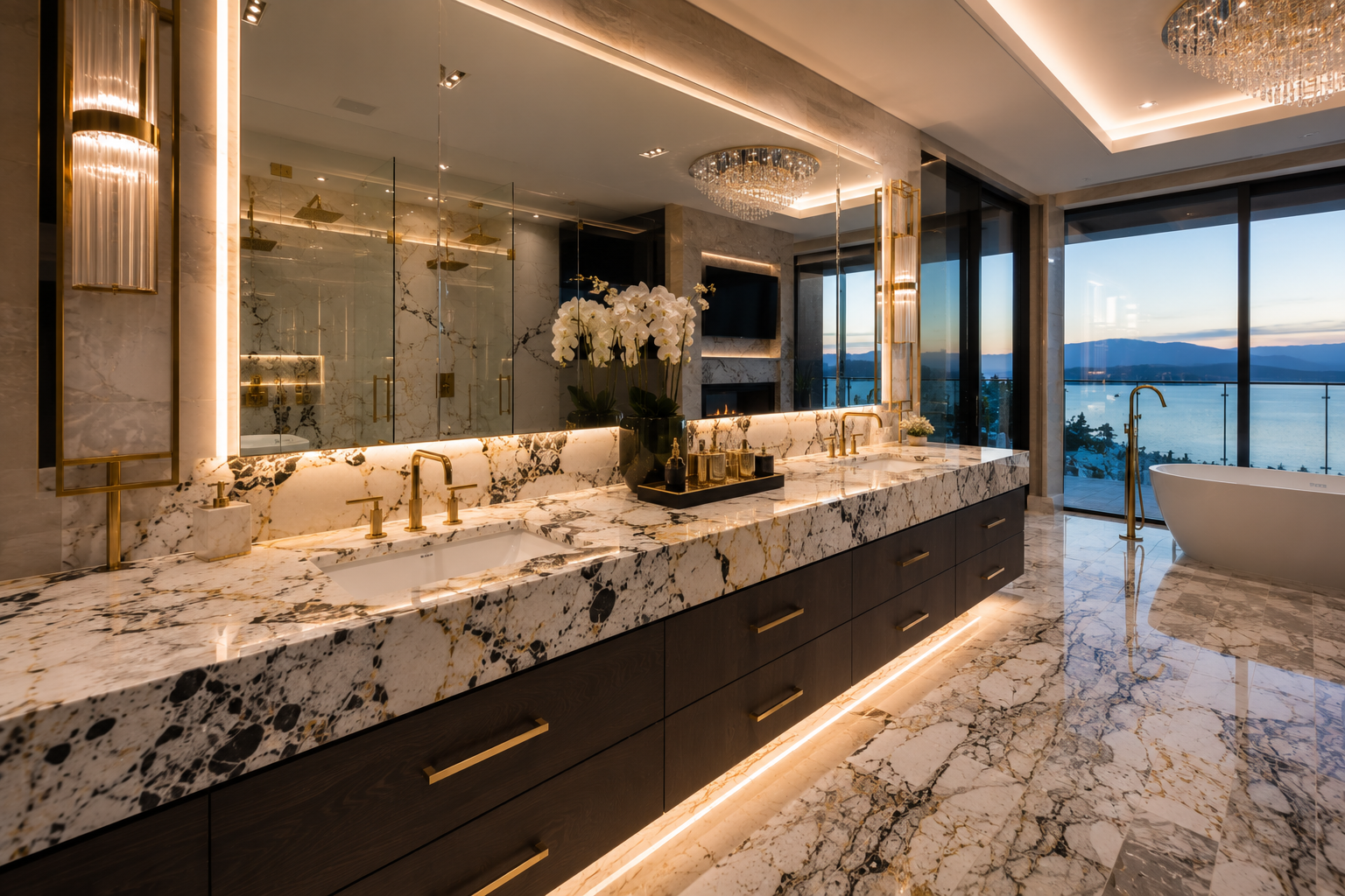 Granite vanity restoration with polished White Ice granite countertops in a luxury modern mansion bathroom with custom cabinetry and premium finishes.