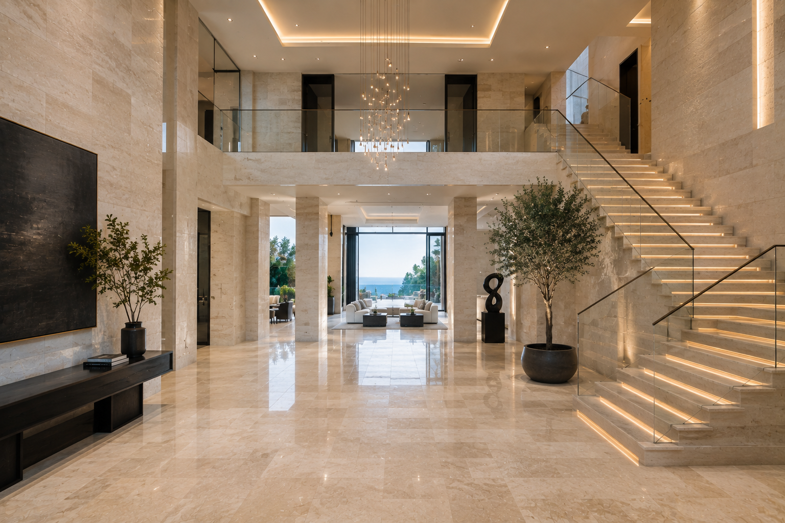 Luxury limestone cleaning and stain removal in a modern limestone-clad mansion foyer. Professional limestone cleaning by Mr. Marble and Stone in Vancouver, BC and Los Angeles, CA.