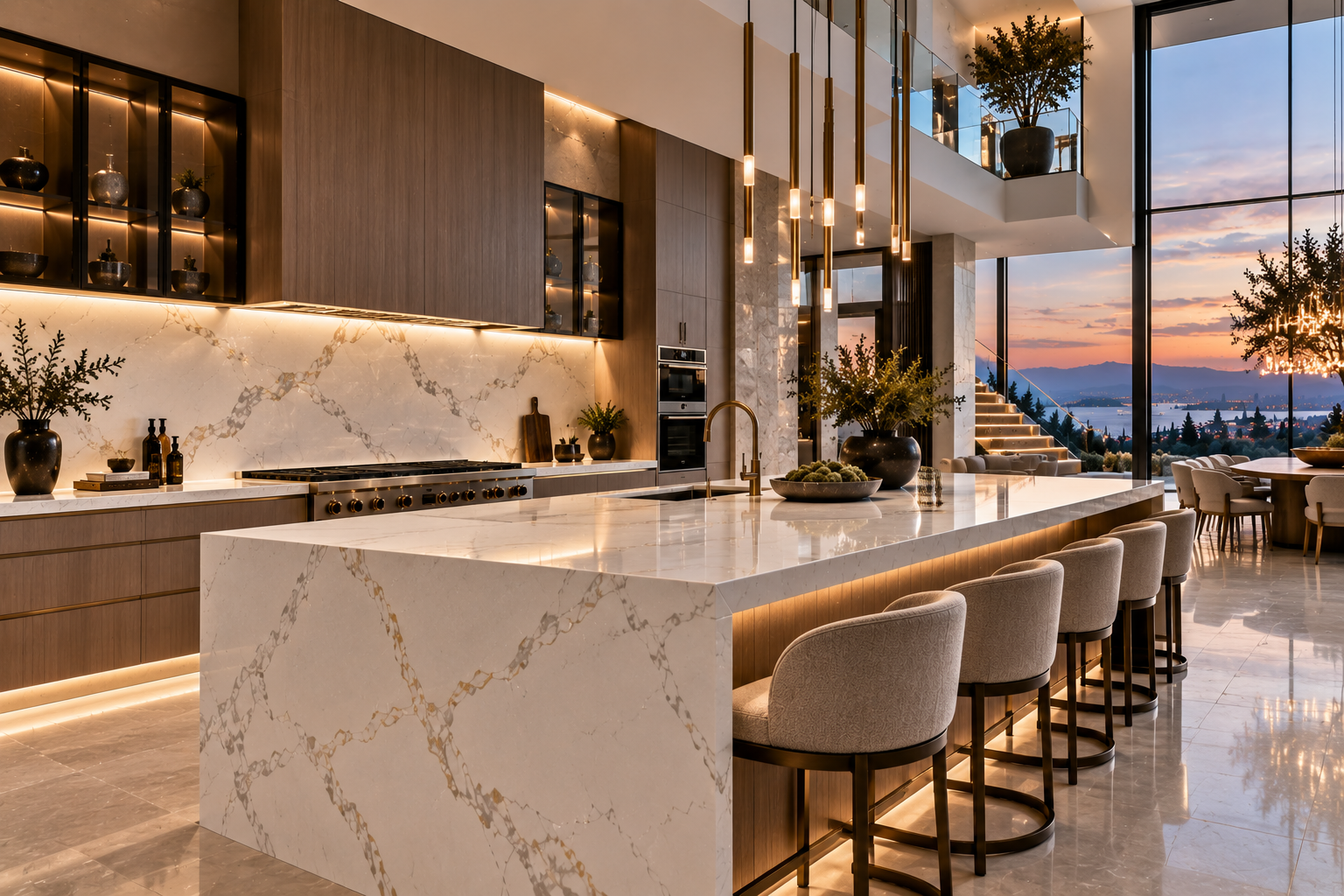 Luxury quartz backsplash installation by Mr. Marble & Stone in Vancouver and Los Angeles, featuring custom quartz detailing designed for a grand, high-end kitchen.