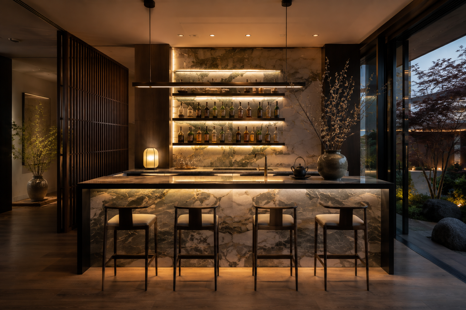 Luxury marble bar installation by Mr. Marble and Stone, serving Vancouver and Los Angeles with custom marble bar tops, stone fabrication, seamless installation, and refined finishes.