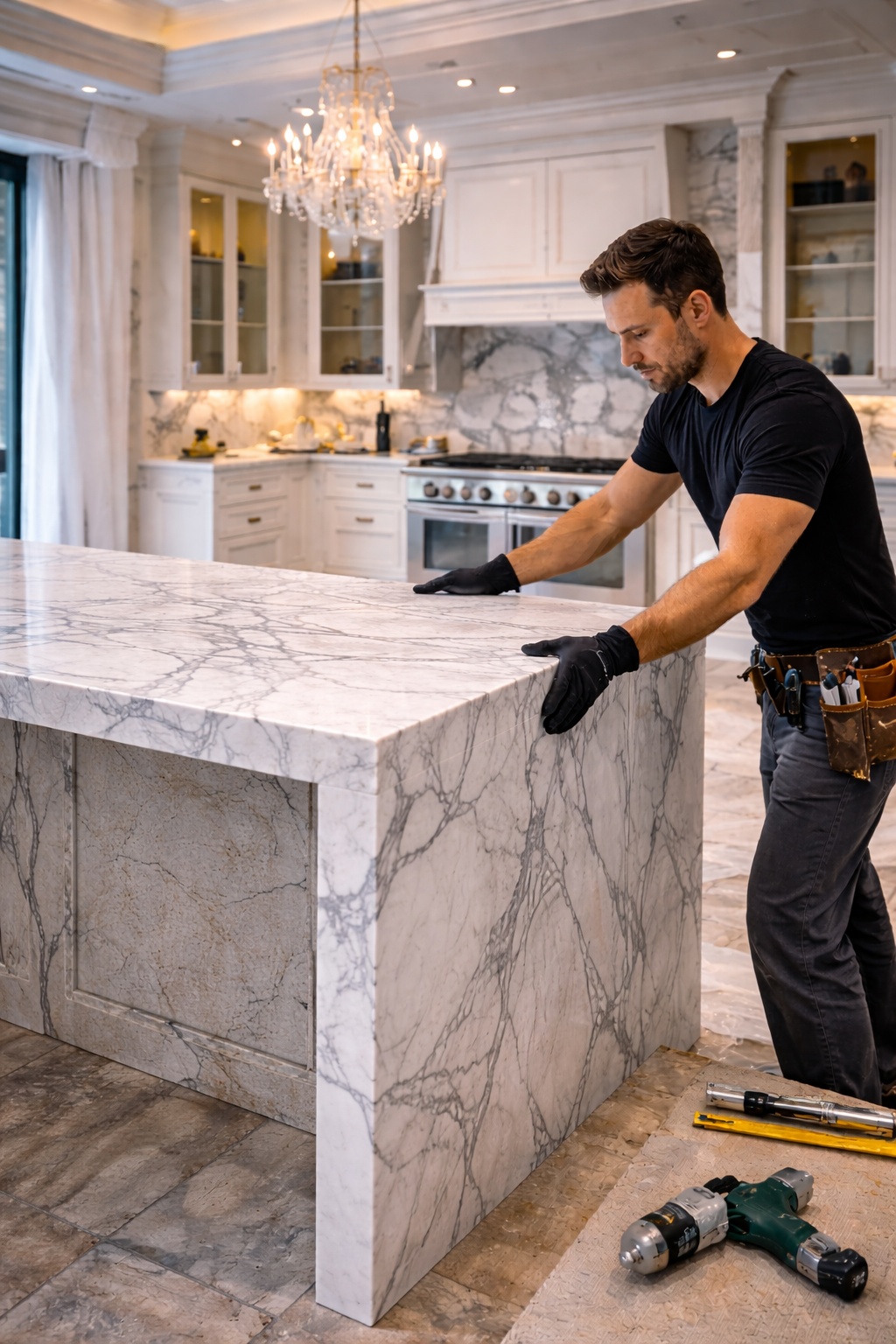 Mr. Marble and Stone expert stone installation, waterfall island installation, tile finishing, luxury flooring, custom renovation work, and precision interior finishing services in Vancouver