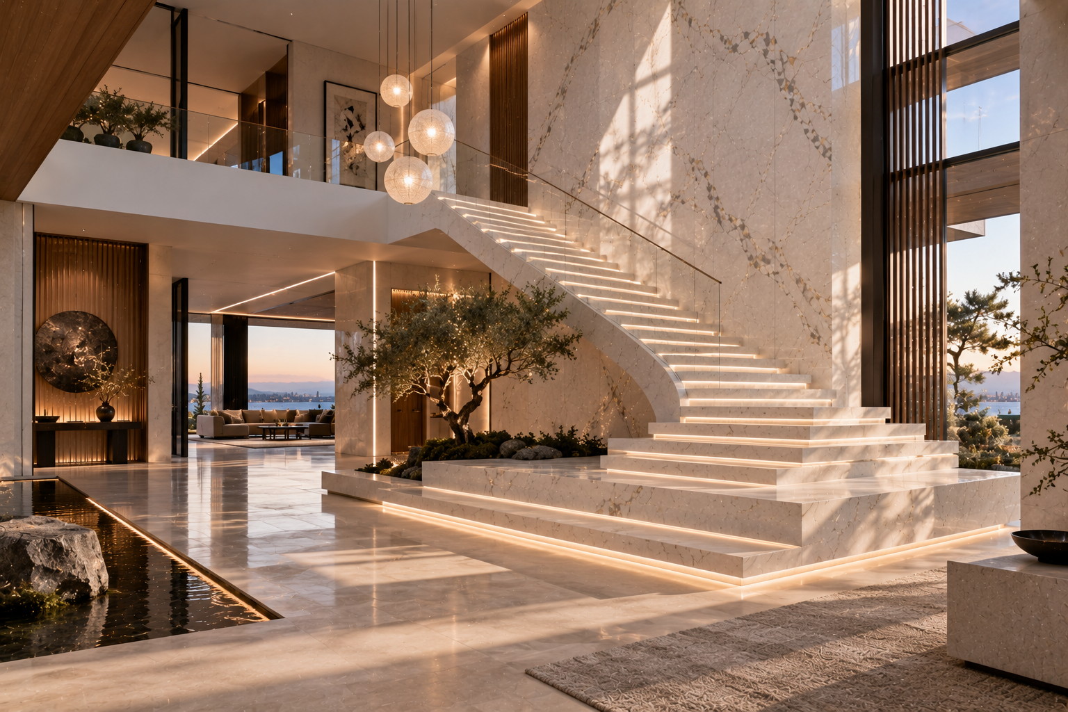 Quartz staircase installation by Mr. Marble & Stone in Vancouver and Los Angeles, featuring custom quartz stair treads and sleek architectural detailing for a luxury interior.