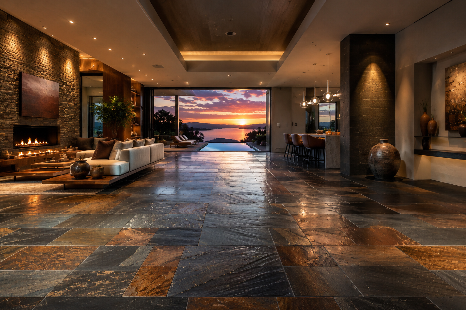 Luxury slate floor sealing by Mr. Marble and Stone, professionally protecting and enhancing natural slate floors in Vancouver and Los Angeles.