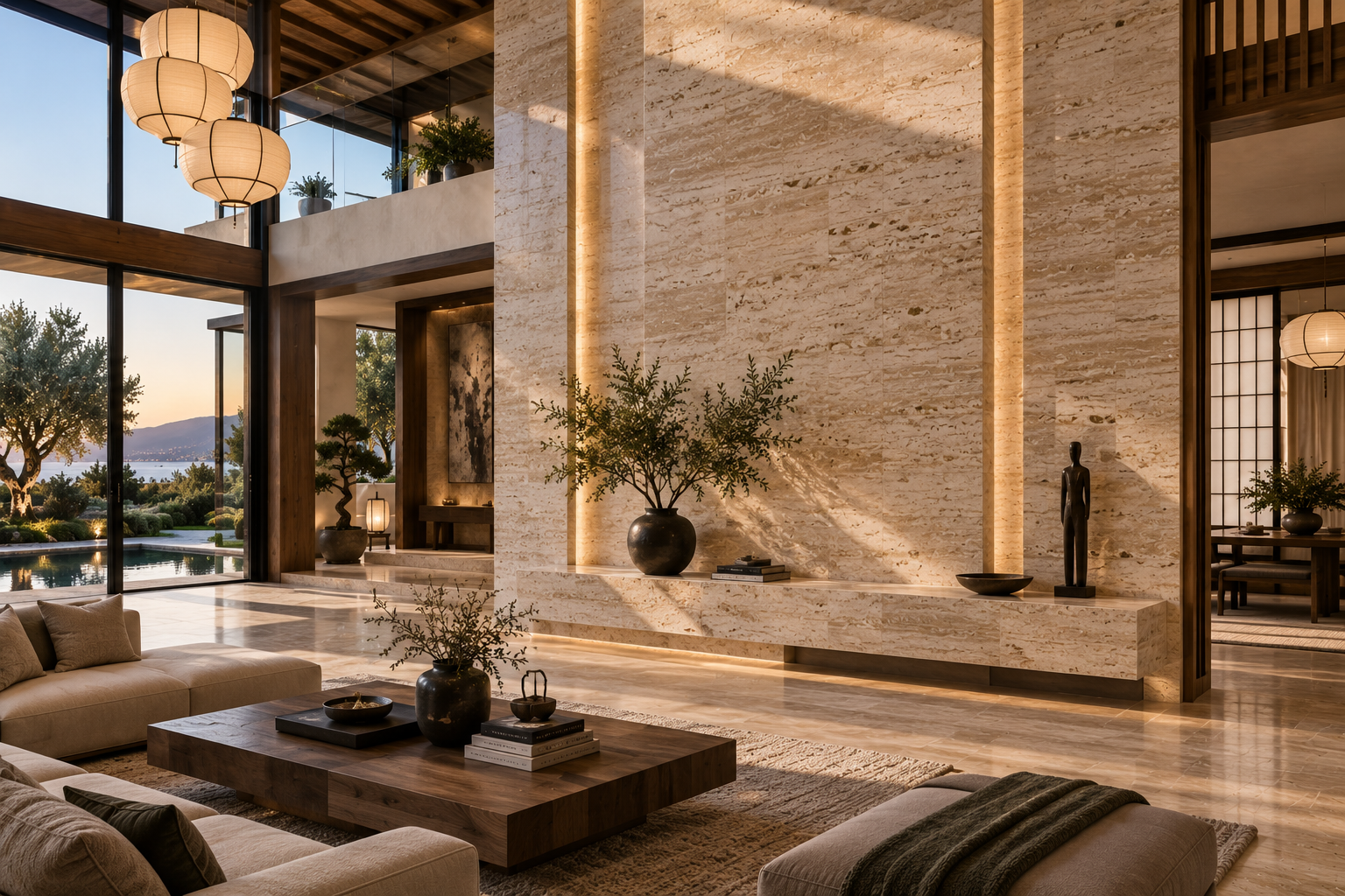 Custom travertine wall installation in Vancouver and Los Angeles, showcasing natural travertine feature walls, stone cladding, textured surfaces, and architectural detailing by Mr. Marble & Stone.