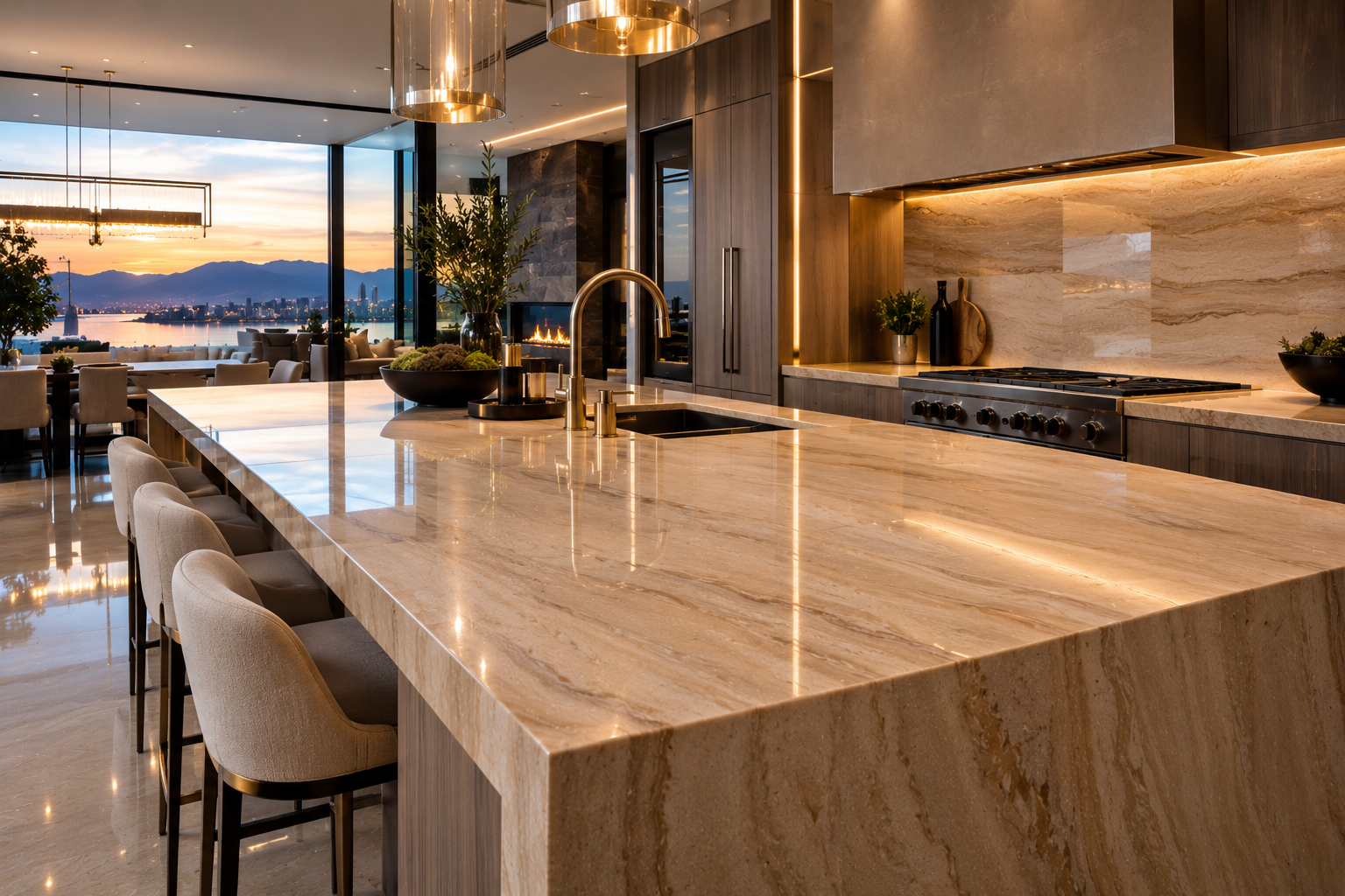 Sandstone countertop restoration, sandstone countertop polishing, sandstone countertop sealing, and sandstone countertop refinishing in Vancouver and Los Angeles.