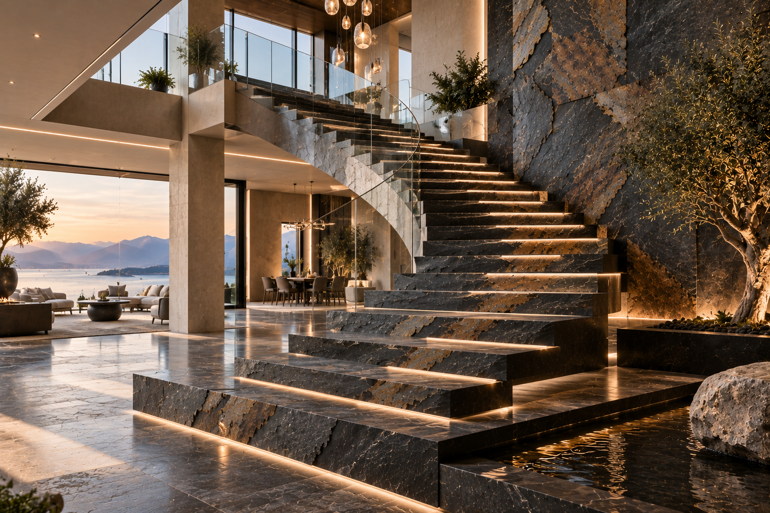 Slate staircase installation by Mr. Marble & Stone in Vancouver and Los Angeles, featuring premium slate stone, custom slate treads, and expert slate installation for refined interiors and exteriors.