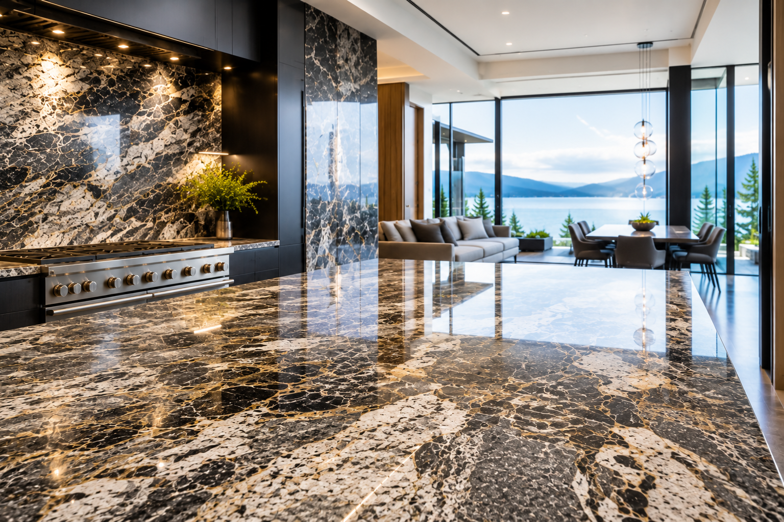 Granite maintenance and care featuring polished Titanium Granite countertops, granite backsplash, and professionally maintained natural stone surfaces in a luxury modern mansion kitchen.