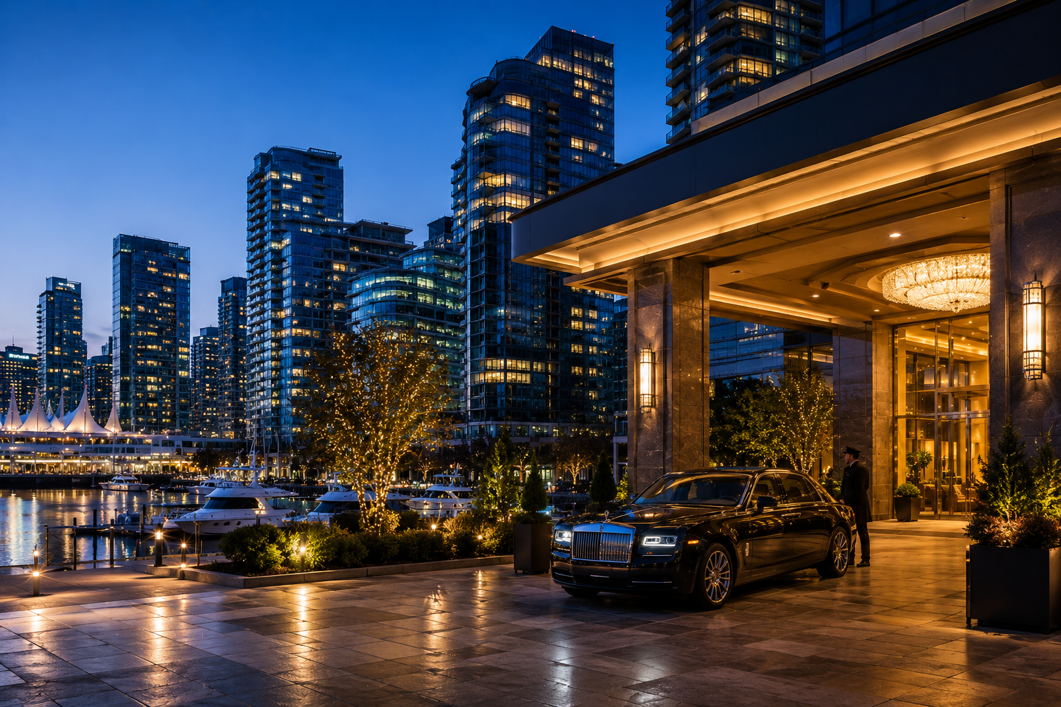 Luxury Vancouver waterfront hotel at twilight with a sleek modern entrance, yachts, illuminated marina, and downtown skyline.
