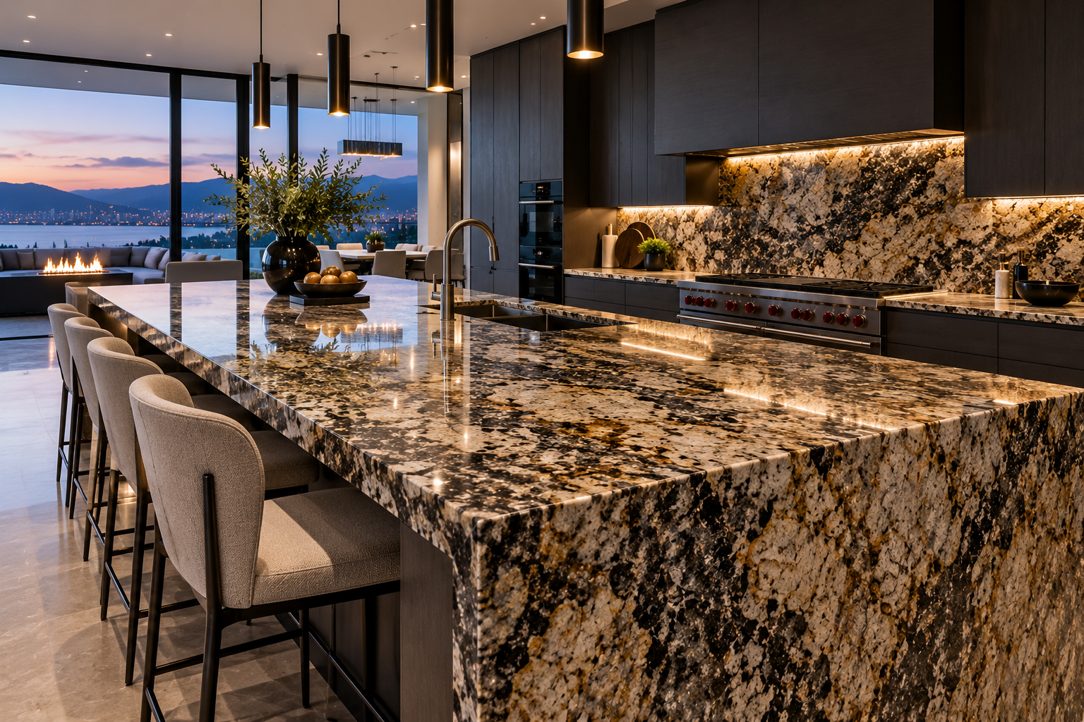 Mr. Marble and Stone granite countertop installation in Vancouver and Los Angeles, featuring custom granite kitchen countertops, islands, stone fabrication, polished edges, and professional granite installation