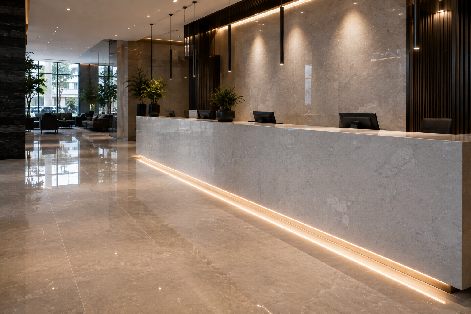Mr. Marble and Stone commercial engineered stone restoration in Vancouver and Los Angeles.