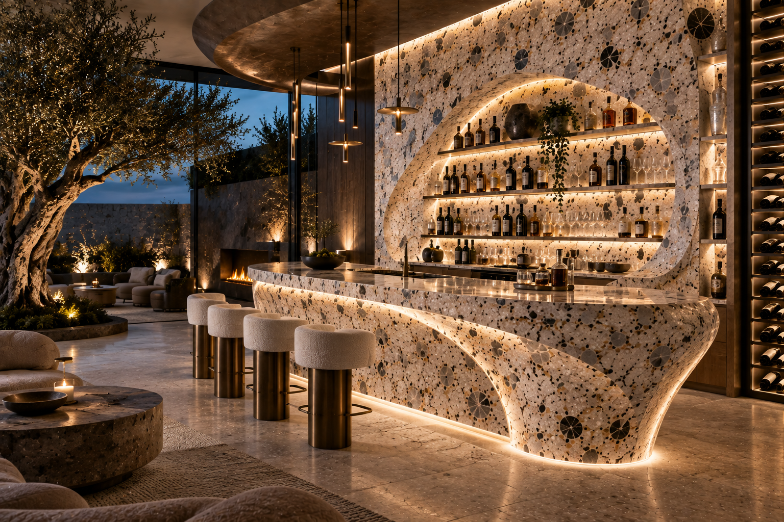 Custom terrazzo bar installation with decorative aggregate, polished stone finish, and contemporary terrazzo detailing by Mr. Marble and Stone in Vancouver and Los Angeles.