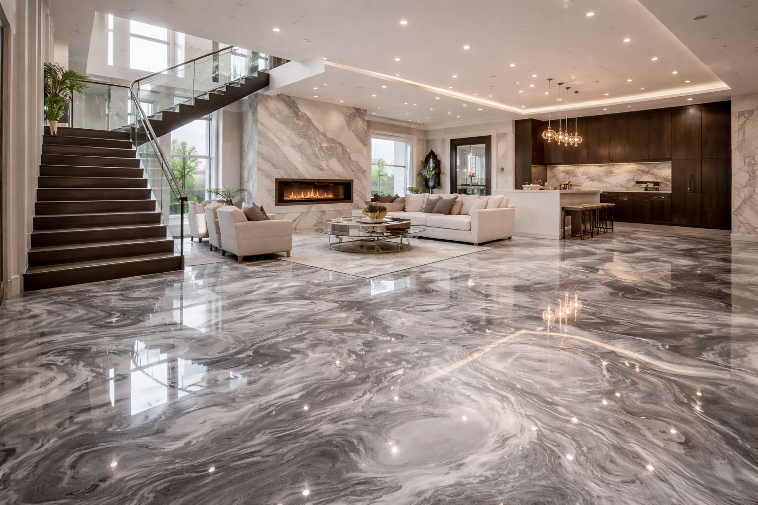 Epoxy flooring systems in Vancouver featuring seamless resin floors, self-leveling coatings, metallic and flake finishes, and durable high-performance surfaces for residential, commercial, and industrial applications