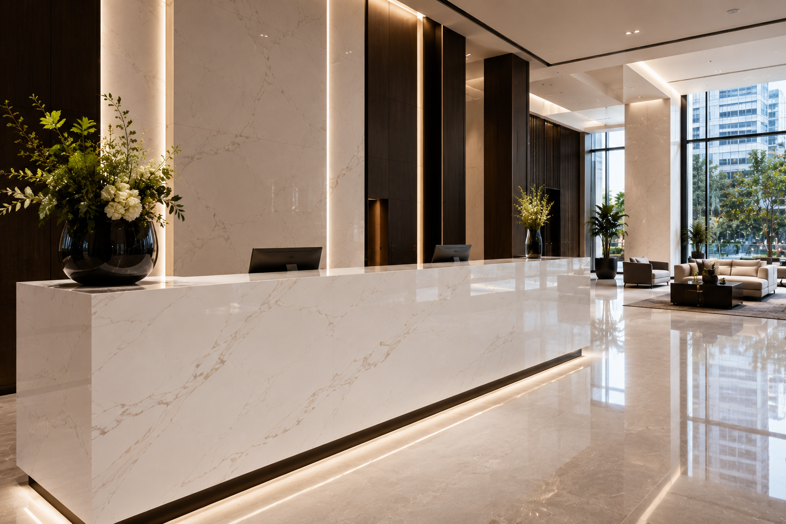 Luxury commercial quartz restoration featuring a pristine quartz reception desk and modern hotel lobby, by Mr. Marble and Stone in Vancouver and Los Angeles.