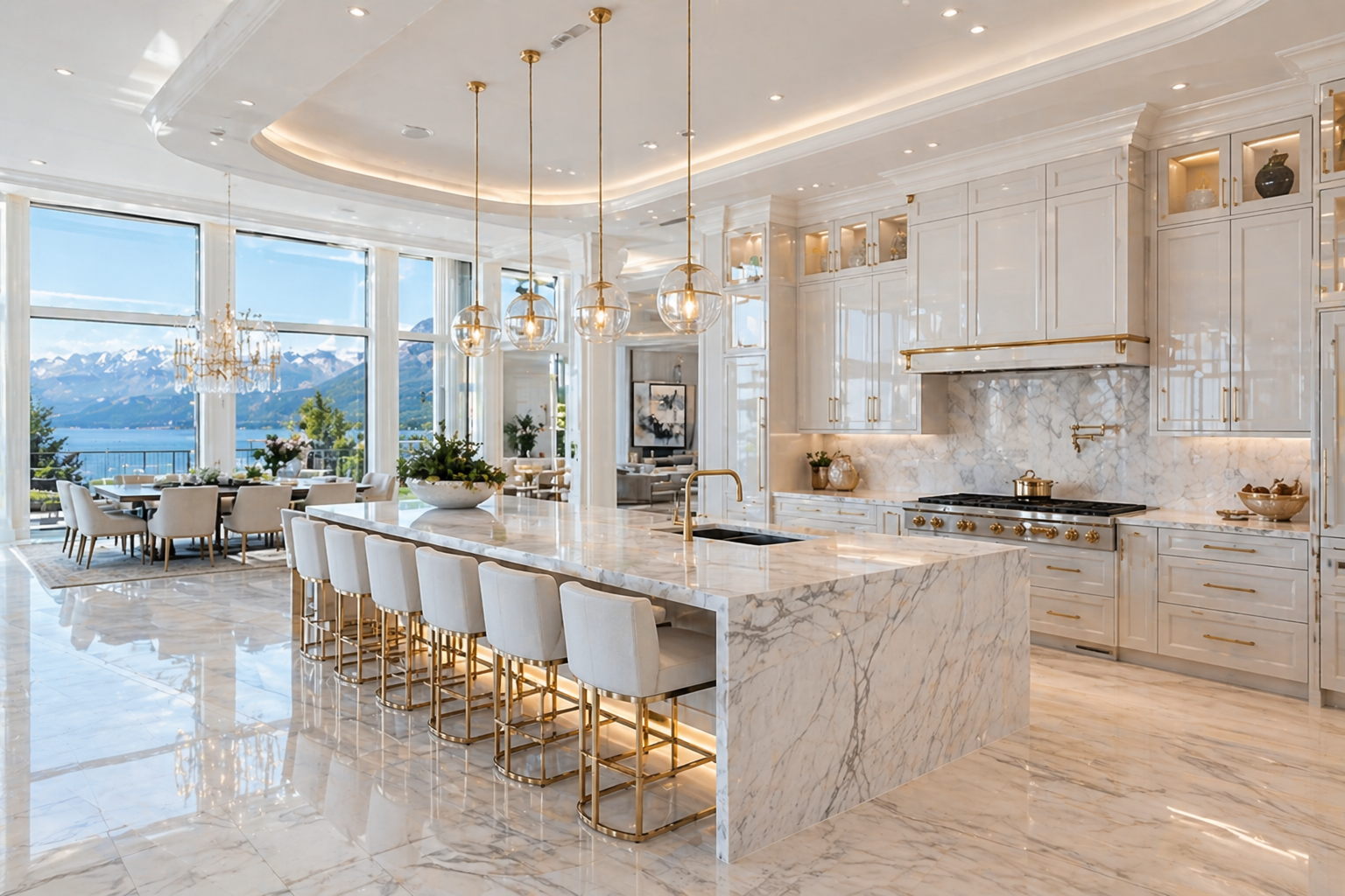 Ultra-luxury kitchen renovation featuring custom cabinetry, marble countertops, premium appliances, and modern open-concept design in a bright high-end Vancouver home