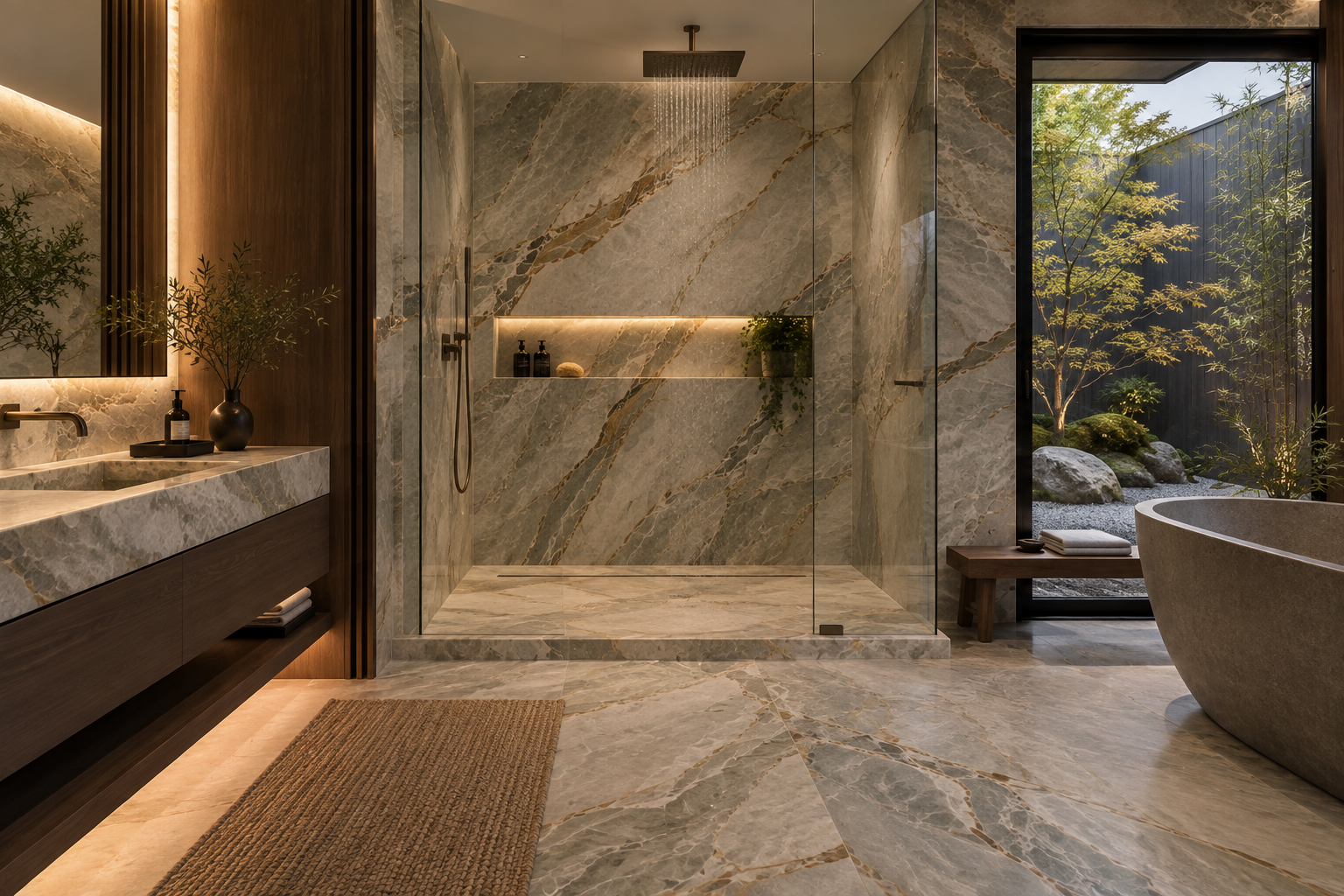 Quartzite shower installation by Mr. Marble and Stone in Vancouver and Los Angeles, featuring luxury quartzite shower walls, custom quartzite stonework, and premium natural quartzite installation.