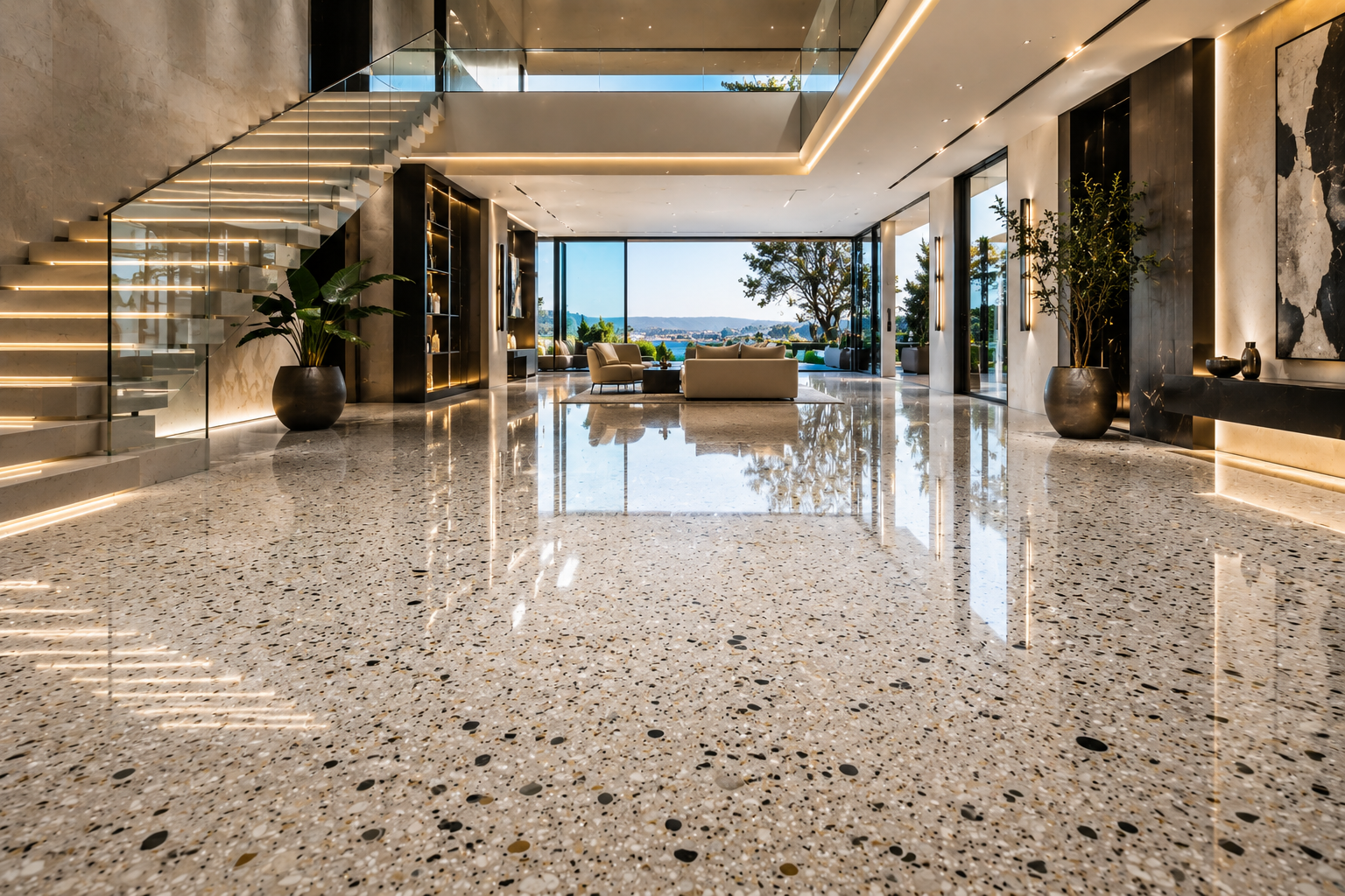 Terrazzo floor polishing by Mr. Marble and Stone in Vancouver and Los Angeles.