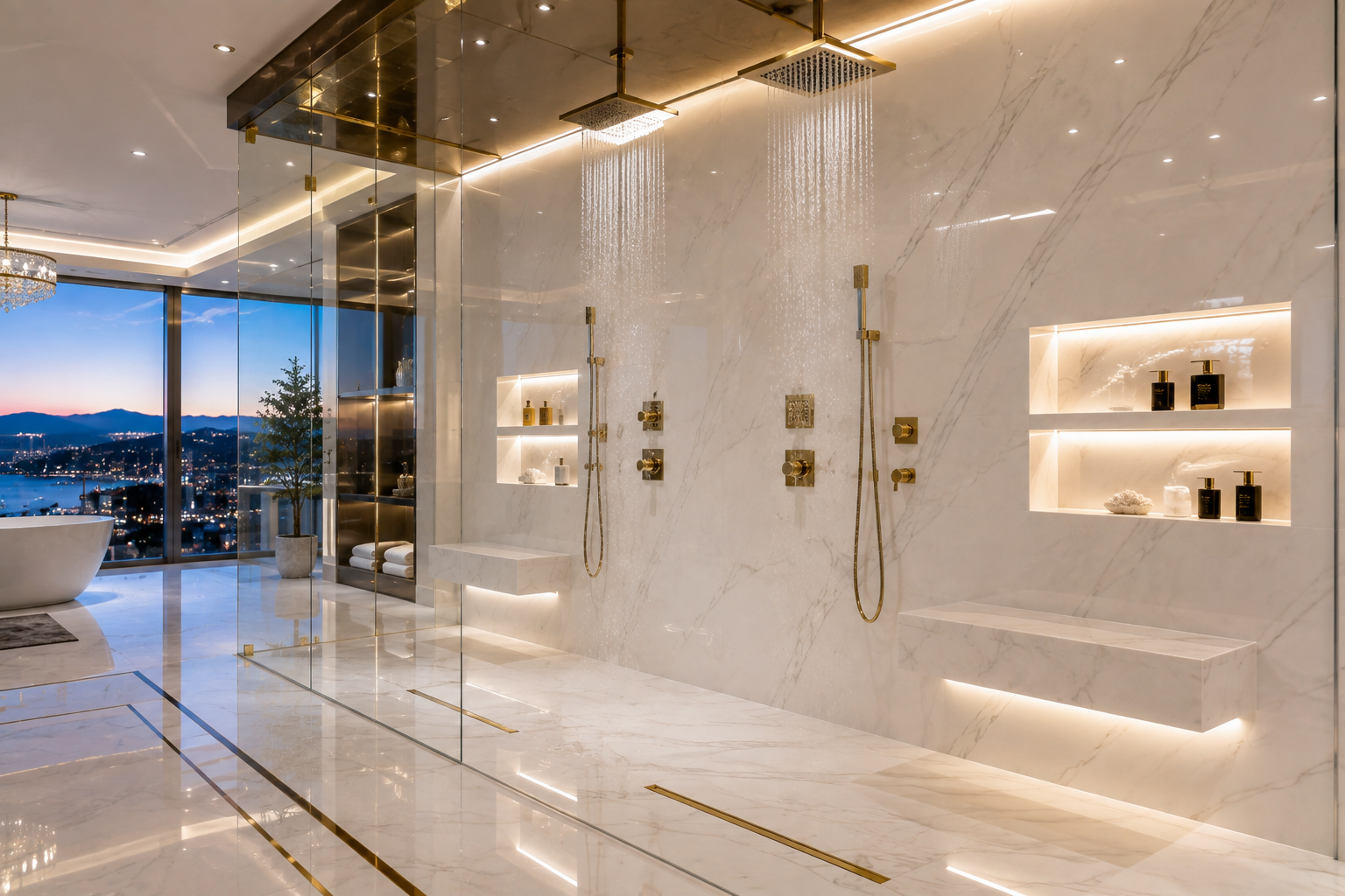 Luxury quartz shower polishing by Mr. Marble and Stone, serving Vancouver, British Columbia and Los Angeles, California, restoring a refined, polished finish to high-end bathroom surfaces.