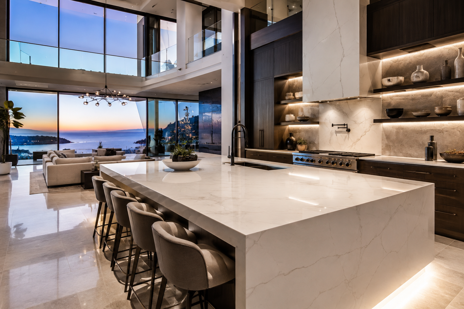 Luxury quartz cleaning and stain removal by Mr. Marble and Stone in a modern Vancouver and Los Angeles mega-mansion kitchen.