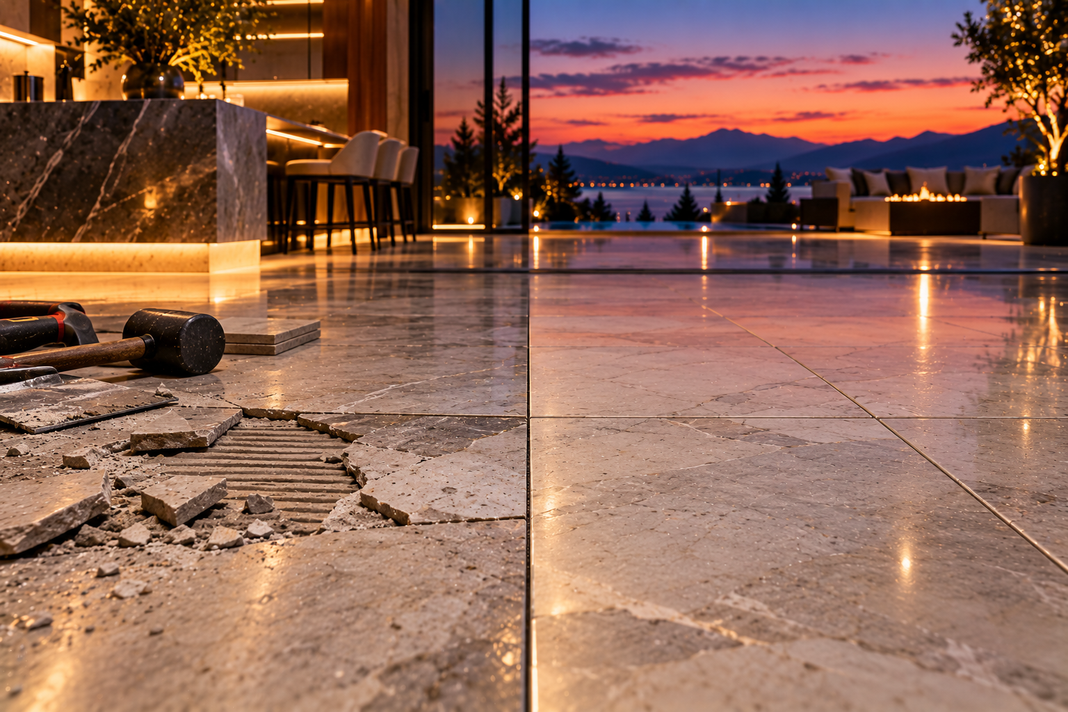 Mr. Marble and Stone tile repair in Vancouver and Los Angeles, restoring cracked, chipped, broken, loose, and damaged tile across residential and commercial floors, walls, showers, and outdoor surfaces.