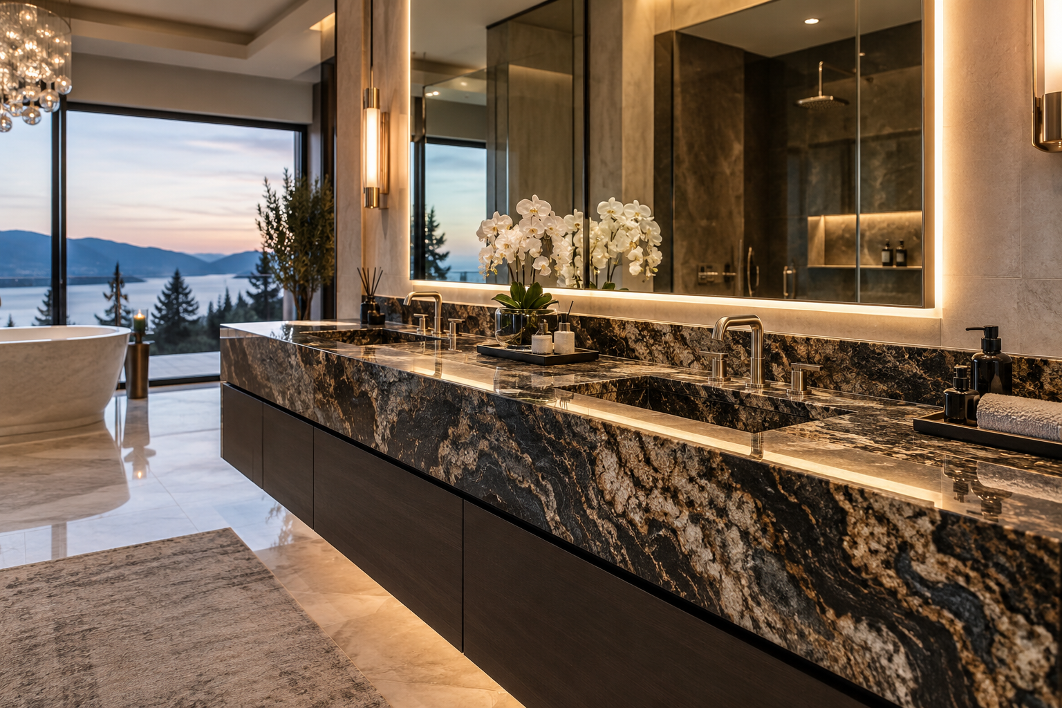 Mr. Marble and Stone granite vanity installation in Vancouver and Los Angeles, specializing in custom granite vanity tops, granite bathroom counters, precision granite fabrication, and professional granite installation.