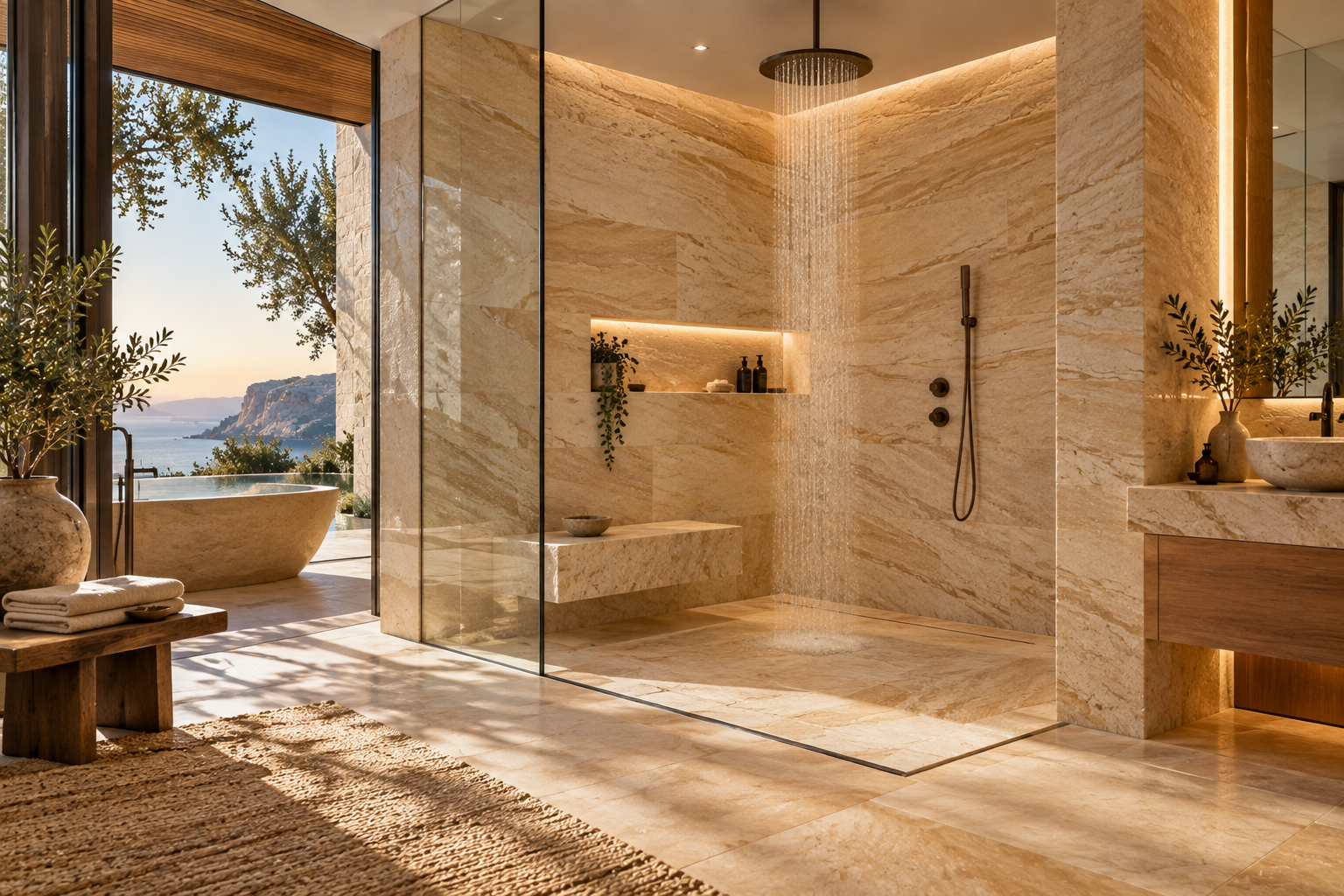Sandstone Shower Installation in Vancouver & Los Angeles | Mr. Marble and Stone — Custom sandstone shower walls, floors, and natural stone surfaces for luxury bathrooms.