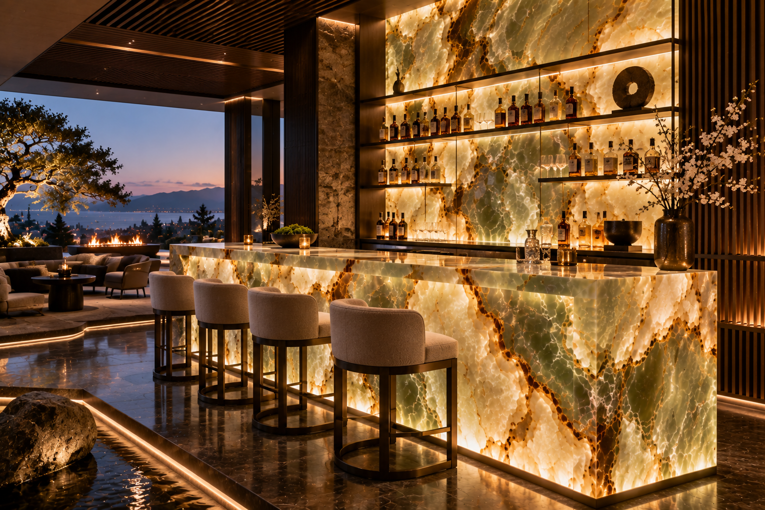 Mr. Marble and Stone onyx bar installation in Vancouver and Los Angeles, featuring natural veining and a luxurious polished finish.
