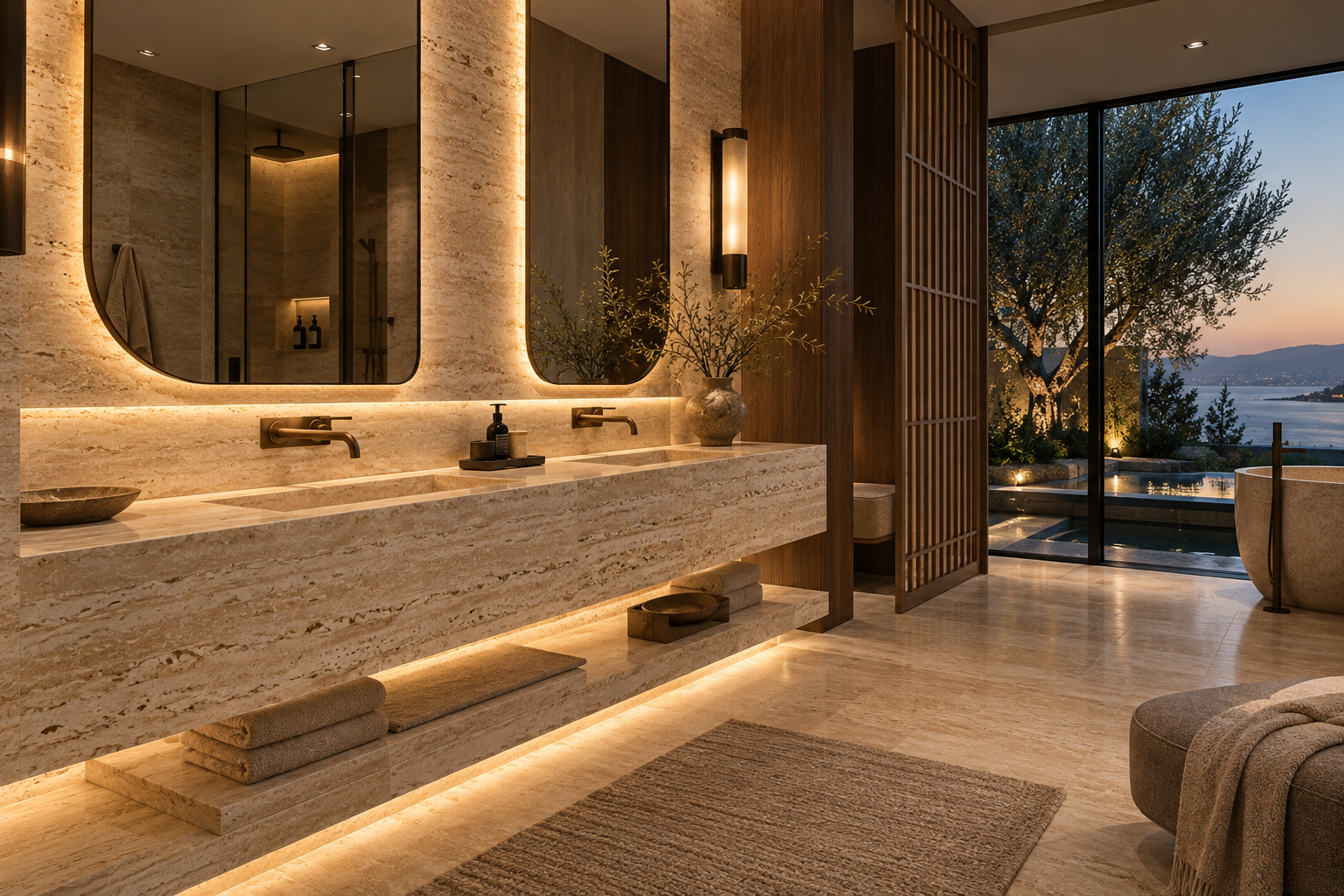Travertine vanity installation by Mr. Marble & Stone in Vancouver and Los Angeles, featuring custom travertine bathroom vanities and precision natural stone installation.