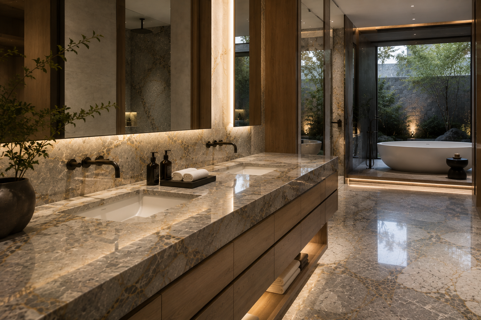 Mr. Marble & Stone provides professional quartzite vanity polishing in Vancouver and Los Angeles, restoring shine and enhancing luxury quartzite vanity surfaces.