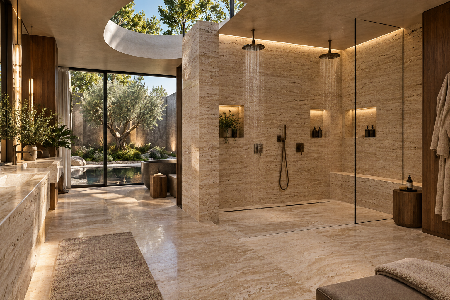 Travertine shower installation by Mr. Marble & Stone in Vancouver and Los Angeles, featuring custom travertine shower walls, floors, niches, and natural stone craftsmanship.