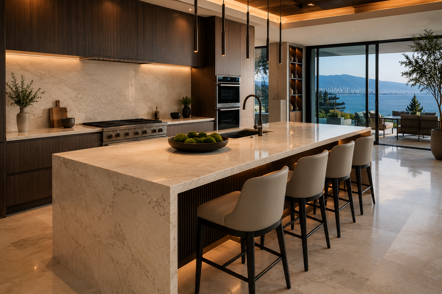 Luxury limestone countertop restoration by Mr. Marble and Stone, featuring professional limestone countertop refinishing, limestone polishing, natural stone restoration, and limestone sealing for luxury kitchens in Vancouver and Los Angeles.