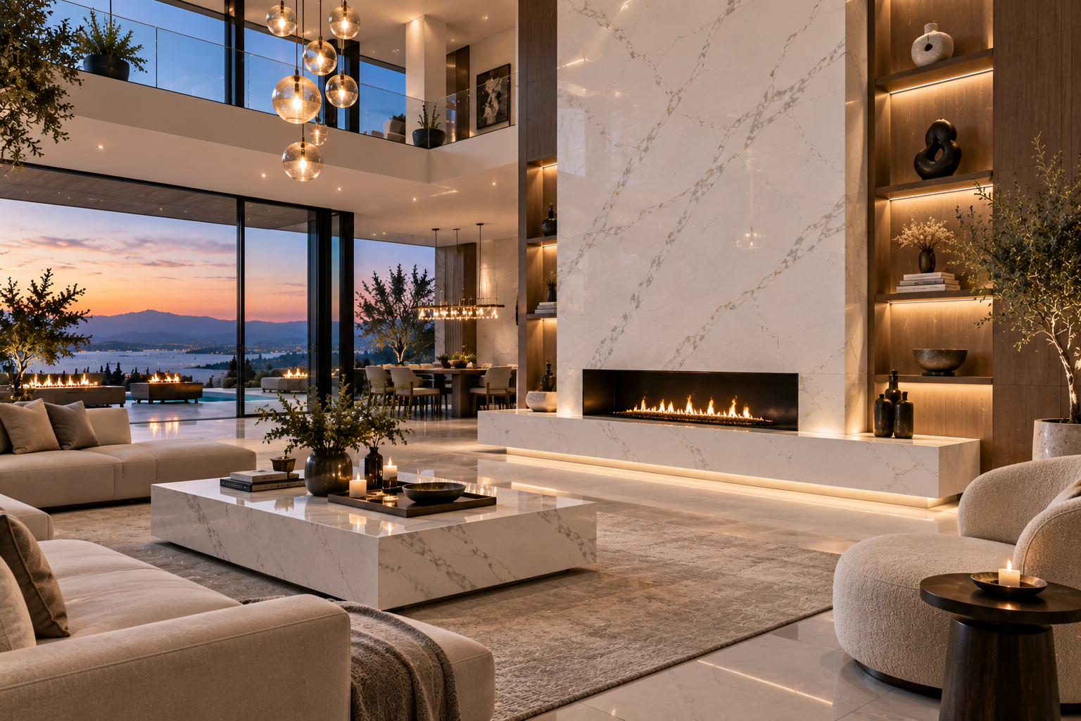 Luxury quartz fireplace installation by Mr. Marble & Stone in Vancouver and Los Angeles, featuring custom quartz surrounds and dramatic architectural detailing for an upscale mansion interior.