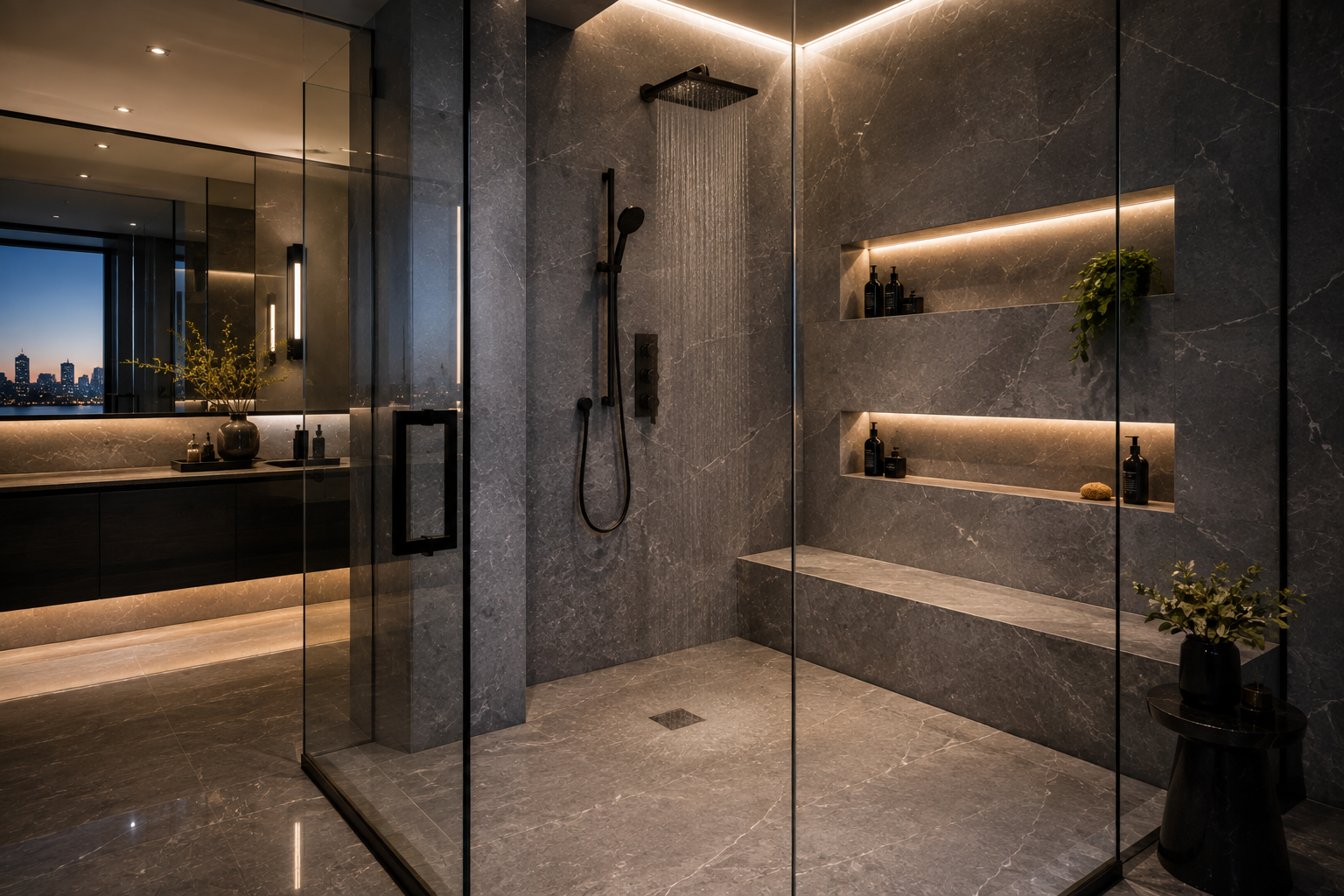 Mr. Marble and Stone engineered stone shower restoration in Vancouver and Los Angeles.