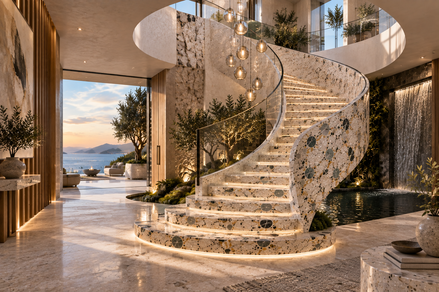 Terrazzo staircase installation with custom stone aggregate, seamless steps, and a refined architectural finish by Mr. Marble and Stone in Vancouver and Los Angeles.