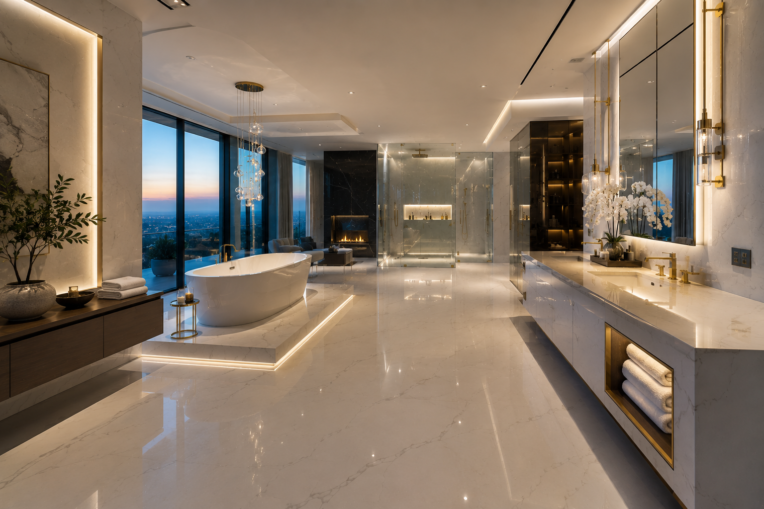 Mr. Marble and Stone quartz bathroom polishing in luxury mega mansions throughout Los Angeles, California and Vancouver, British Columbia.