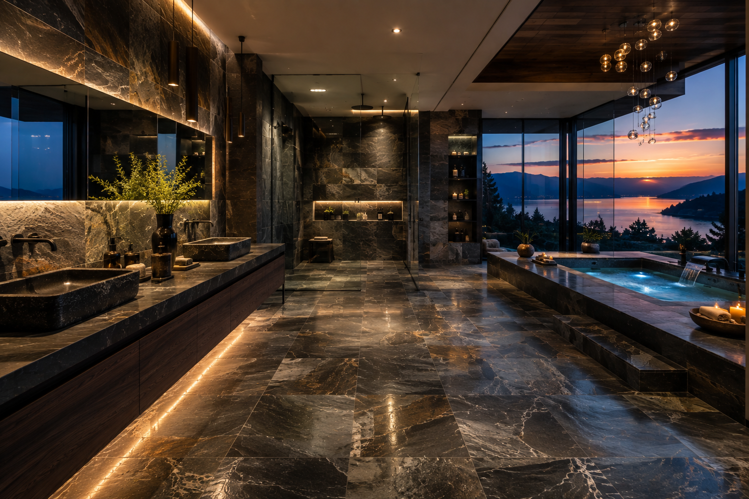 Luxury slate bathroom polishing by Mr. Marble and Stone, enhancing the natural colour, depth, and refined finish of slate bathroom surfaces in Vancouver and Los Angeles.