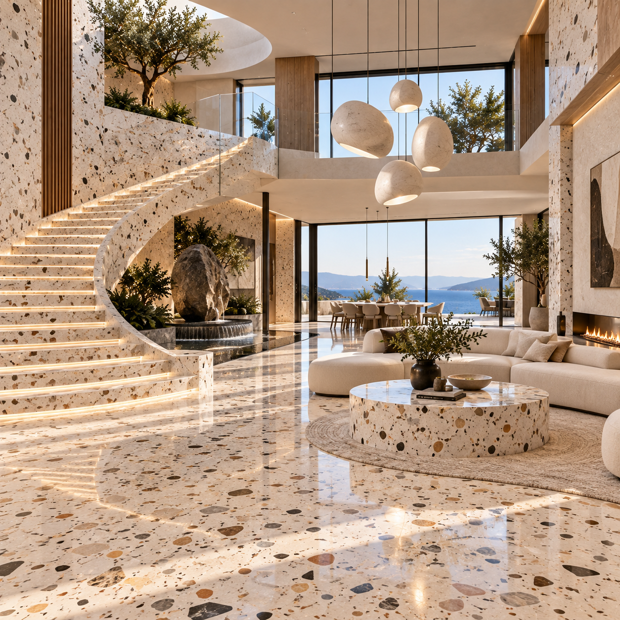 Terrazzo flooring, terrazzo countertops, terrazzo walls, terrazzo stairs, terrazzo vanities, and custom terrazzo surfaces installed by Mr. Marble & Stone in Vancouver and Los Angeles.