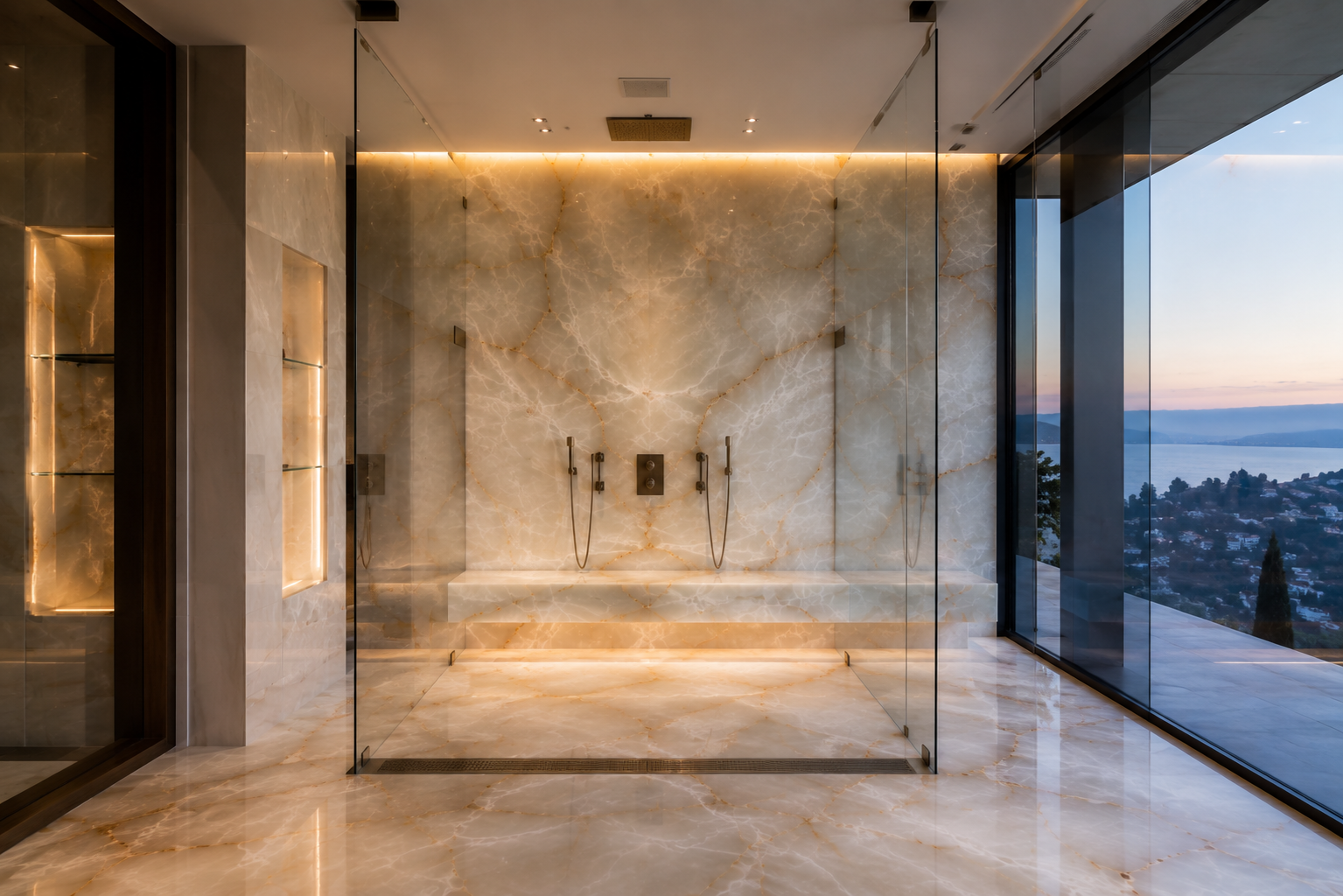 Professional onyx shower restoration, polishing, and sealing by Mr. Marble and Stone in Vancouver and Los Angeles.
